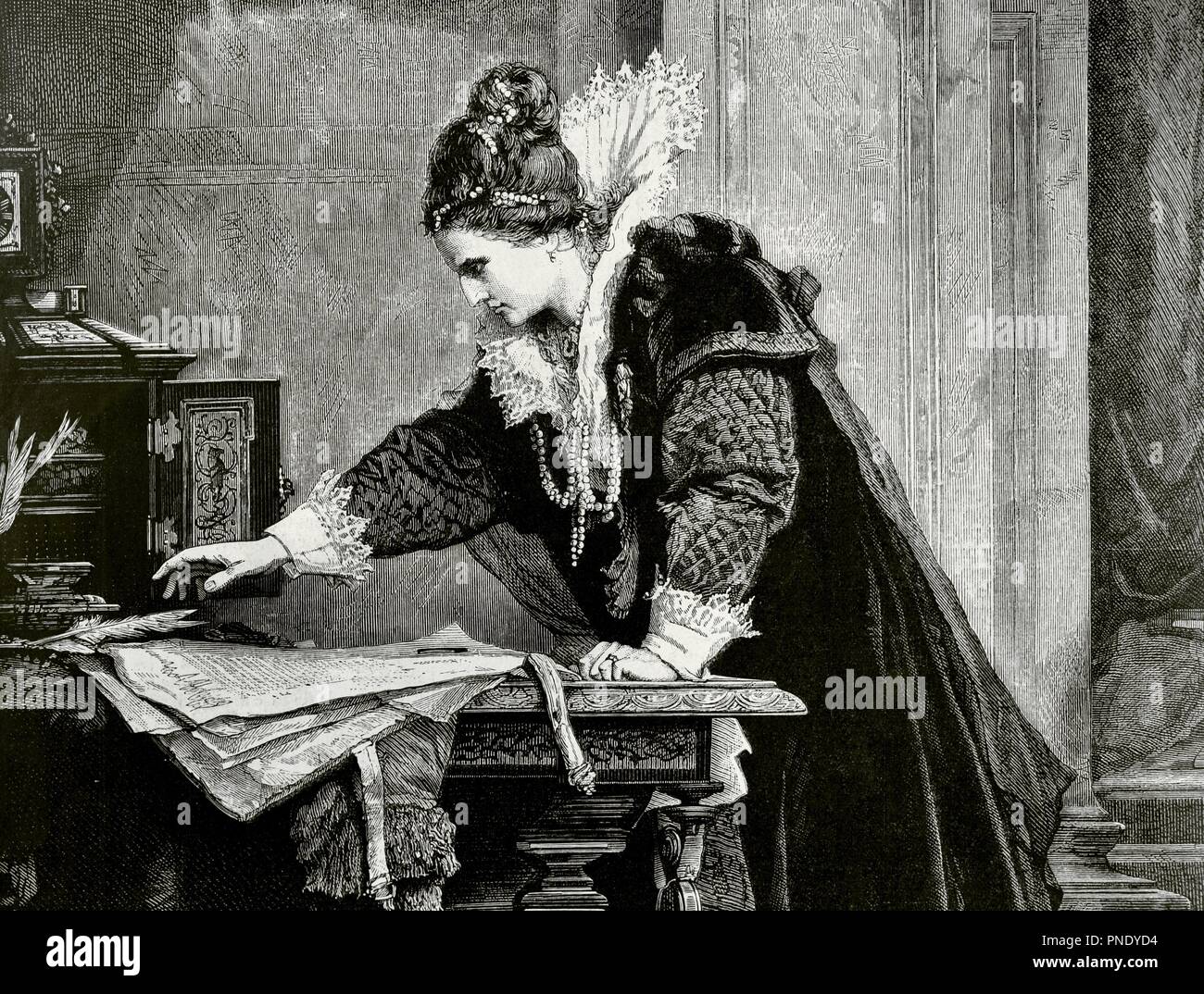 La Reina de Inglaterra e Irlanda, Isabel I (1533-1603), Firma la sentencia de muerte de su prima María Estuardo por asesinato conspirar su. Grabado a partir del Cuadro del artista Alexander Liezen-Mayer. Las Mejores. La Ilustración Española y Americana. 8 de Septiembre de 1876. Biblioteca Histórico Militar de Barcelona. Cataluaña, España. Stockfoto