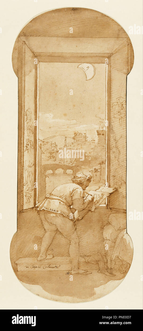 Taddeo Zeichnung von Moonlight in Calabrese's House. Datum/Zeit: Ca. 1595. Zeichnung. Pen und Braun, Pinsel mit braunen Waschen, über Schwarze Kreide. Höhe: 421 mm (16,57 in); Breite: 177 mm (6.96 in). Autor: Federico Zuccaro. Stockfoto