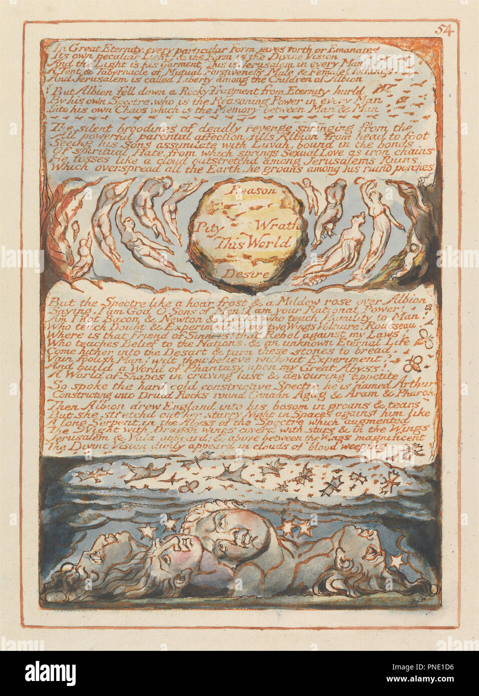 Jerusalem, Platte 54", In der großen Ewigkeit....". Datum/Zeitraum: 1804 bis 1820. Drucken. Orange drucken, Feder, Tusche und Aquarell auf cremefarbenem Papier (Relief ätzen in Orange mit Feder und schwarzer Tusche und Aquarell gedruckt auf mäßig dick, glatt, Creme webte Papier). Höhe: 212 mm (8.34 in); Breite: 149 mm (5,86 in). Autor: William Blake. Stockfoto