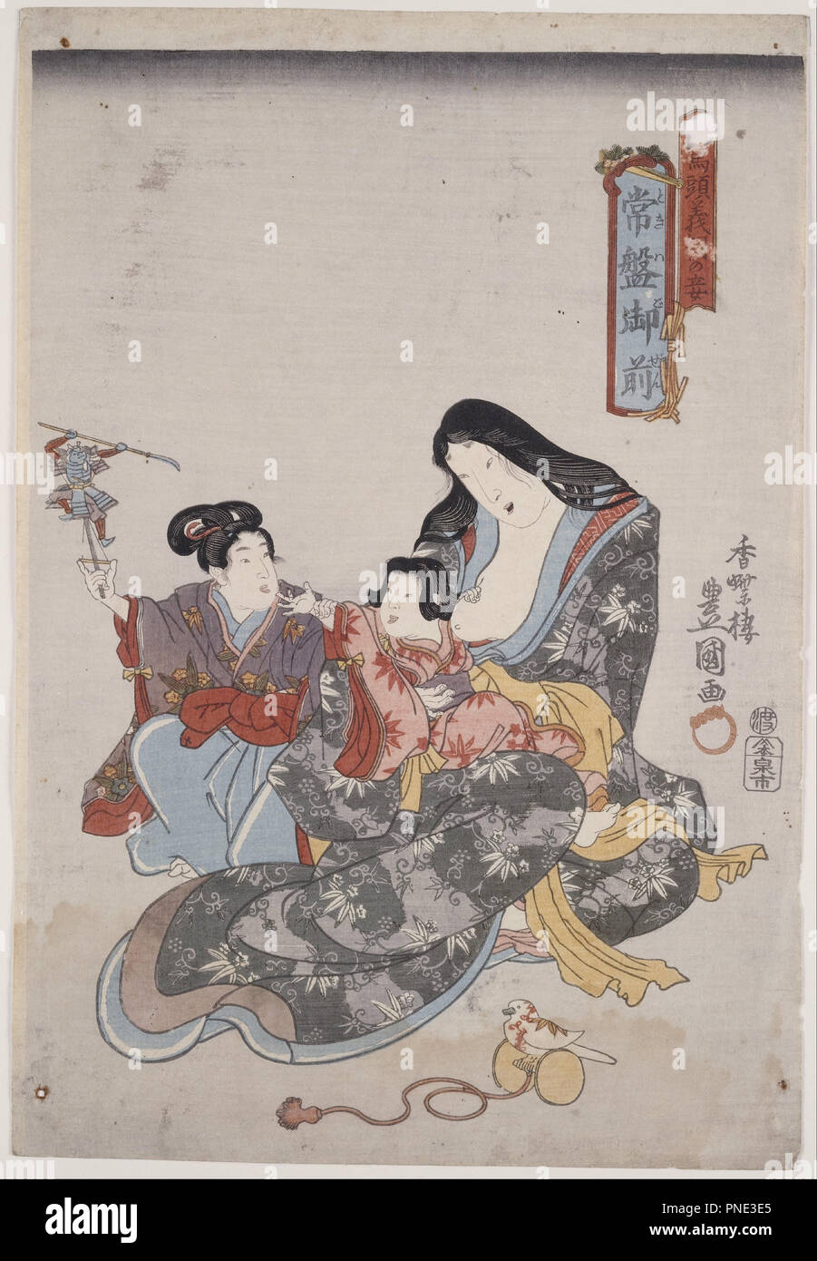 Tokiwa Gozen und ihre Kinder. Datum/Zeitraum: 1844 - 1846. Holzschnitt. Autor: Utagawa Kunisada. (Kunisada Utagawa Toyokuni III). Stockfoto