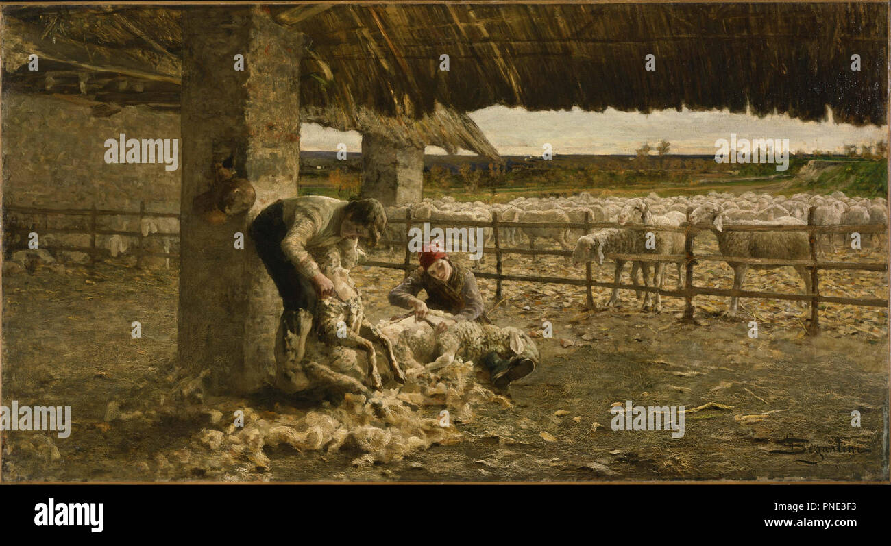 Die Sheepshearing. Datum/Zeitraum: Von 1883 bis 84. Malerei. Öl auf Leinwand Öl auf Leinwand. Höhe: 1170 mm (46.06 in); Breite: 2165 mm (85.23 in). Autor: Giovanni Segantini. SEGANTINI, Giovanni. Stockfoto