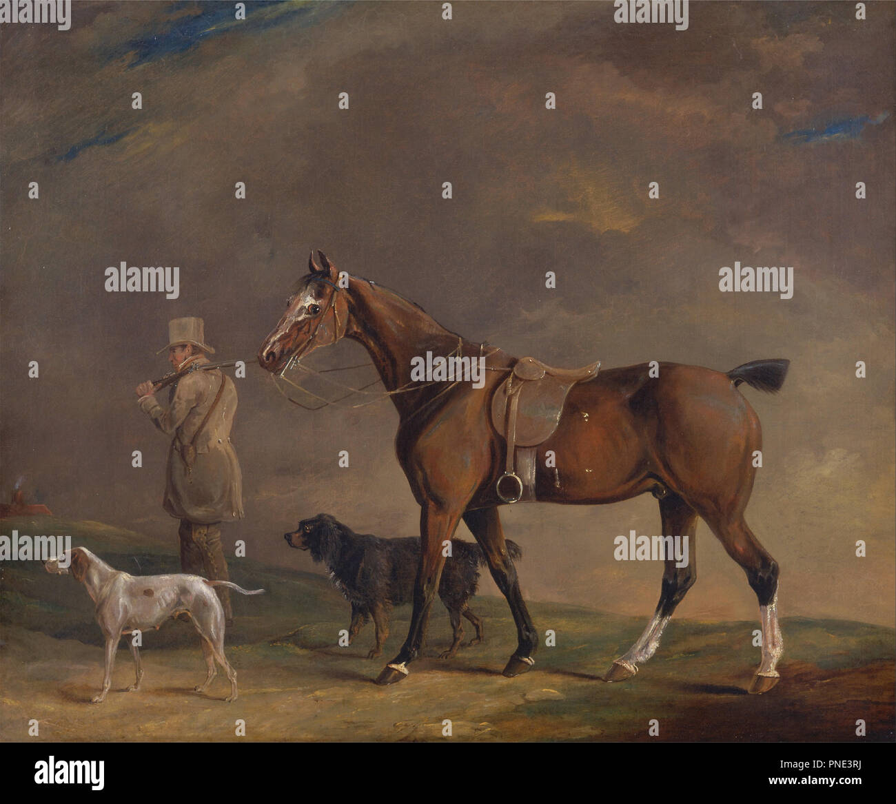 Ein Sportler mit Shooting Pony und Gewehr Hunde. Datum/Zeit: Ca. 1815. Malerei. Öl auf Leinwand. Höhe: 635 mm (25 in); Breite: 762 mm (30 in). Autor: Edwin W. Cooper von Beccles. Stockfoto