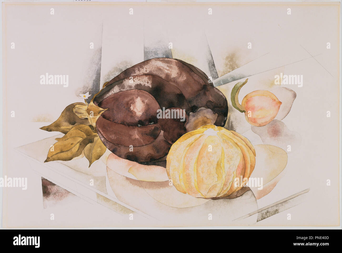 Auberginen. Datum/Zeit: Ca. 1922-1923. Arbeiten auf Papier. Aquarell über Graphitstift underdrawing auf mittelschweren, normales, off-white webte Papier. Höhe: 12,13 mm (0.47 in); Breite: 18.13 mm (0,71 in). Autor: Charles Demuth. Stockfoto