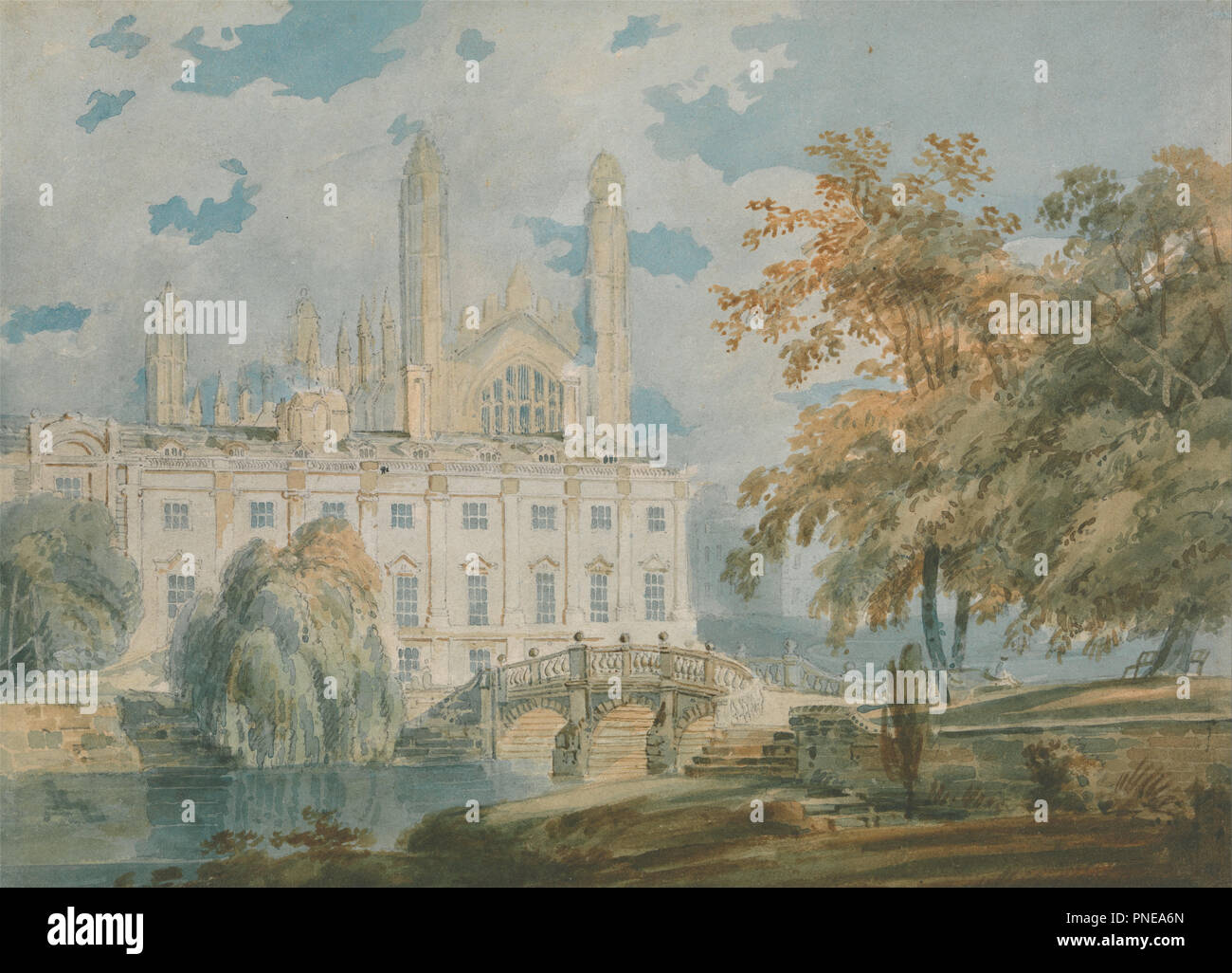 Clare Hall und King's College Chapel, Cambridge, von den Ufern des Flusses Cam. Datum/Zeitraum: 1793. Malerei. Aquarell. Höhe: 200 mm (7,87 in); Breite: 276 mm (6.63 in). Autor: J. M. W. Turner. Stockfoto