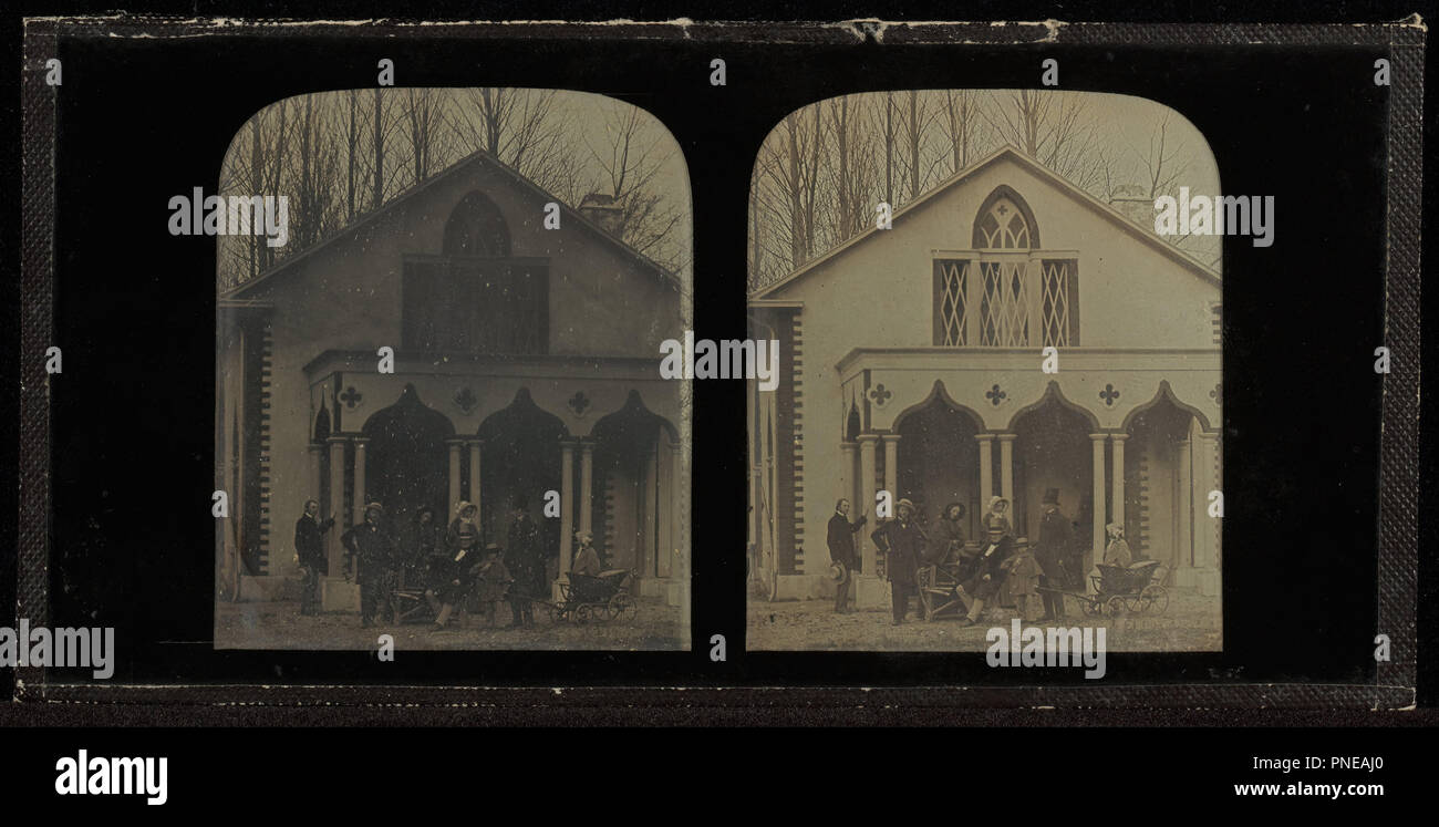 Group Portrait von acht Mitglieder des Kreises der Eynard-Lullin, vor dem Haus (Grandfleur d'eau) in Beaulieu. Datum/Zeitraum: Oktober 1852. Stereograph. Stereograph, daguerreotypie. Autor: Jean-Gabriel Eynard. Stockfoto