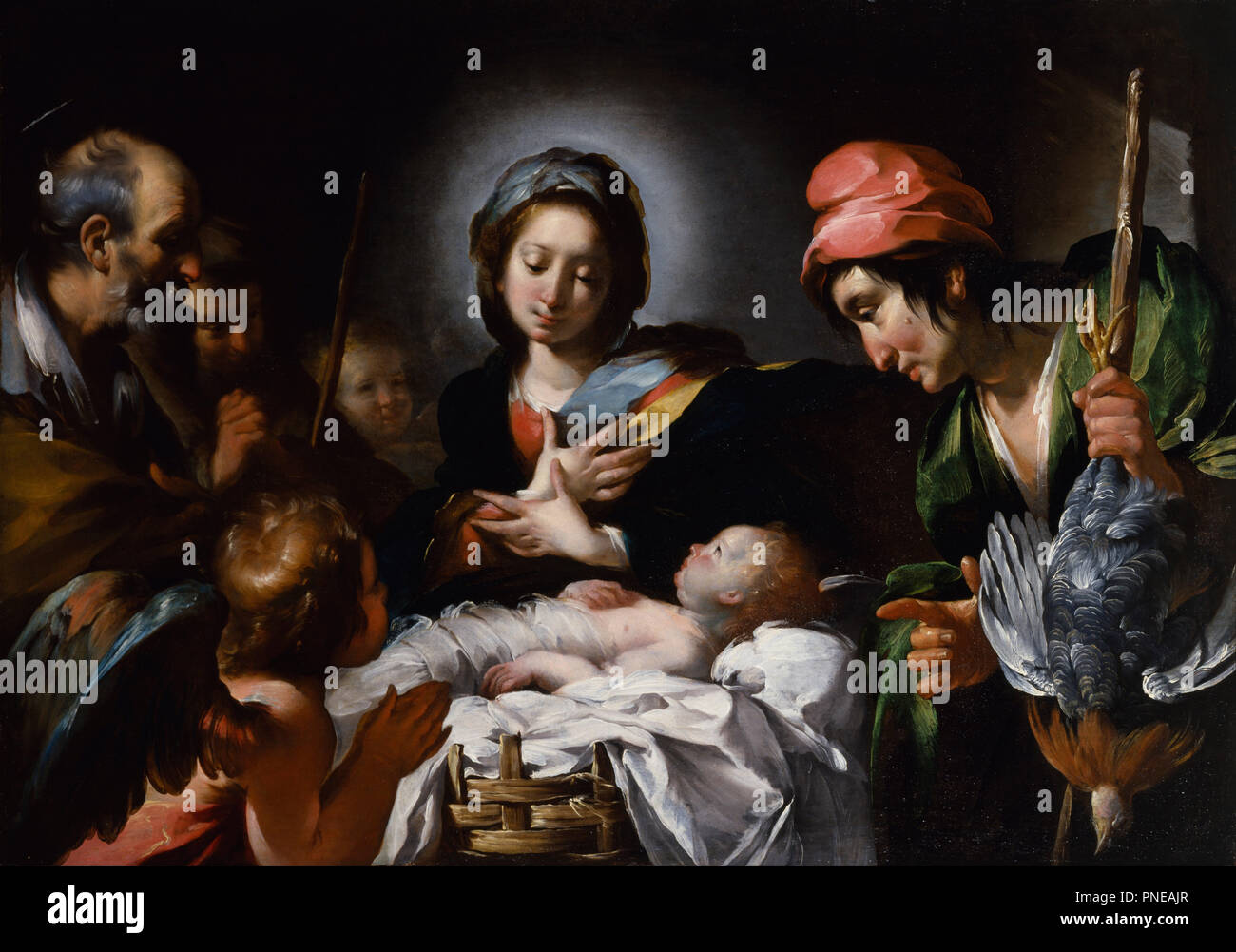 Die Anbetung der Hirten. Datum/Zeit: Ca. 1615 (Barock). Malerei. Öl auf Leinwand. Höhe: 97 cm (38.1 in); Breite: 139 cm (54,7 in). Autor: Bernardo Strozzi. STROZZI, Bernardo. Stockfoto