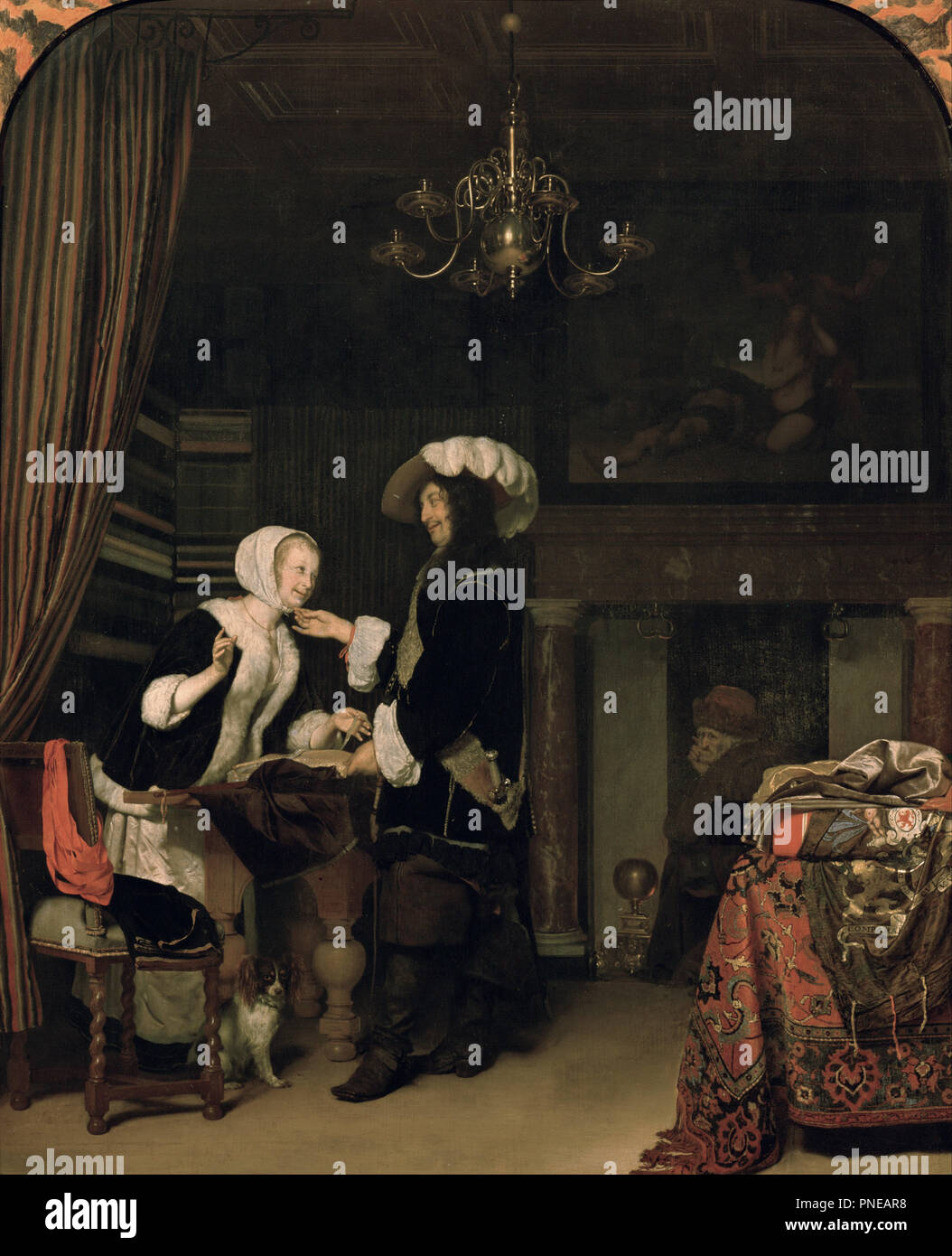 Cavalier im Shop. Datum/Zeitraum: 1660. Malerei. Öl auf Holz. Höhe: 545 mm (21.45 in); Breite: 427 mm (16.81 in). Thema: Frans van Mieris der Ältere. Frans van Mieris. Frans van Mieris, der Ältere. Stockfoto