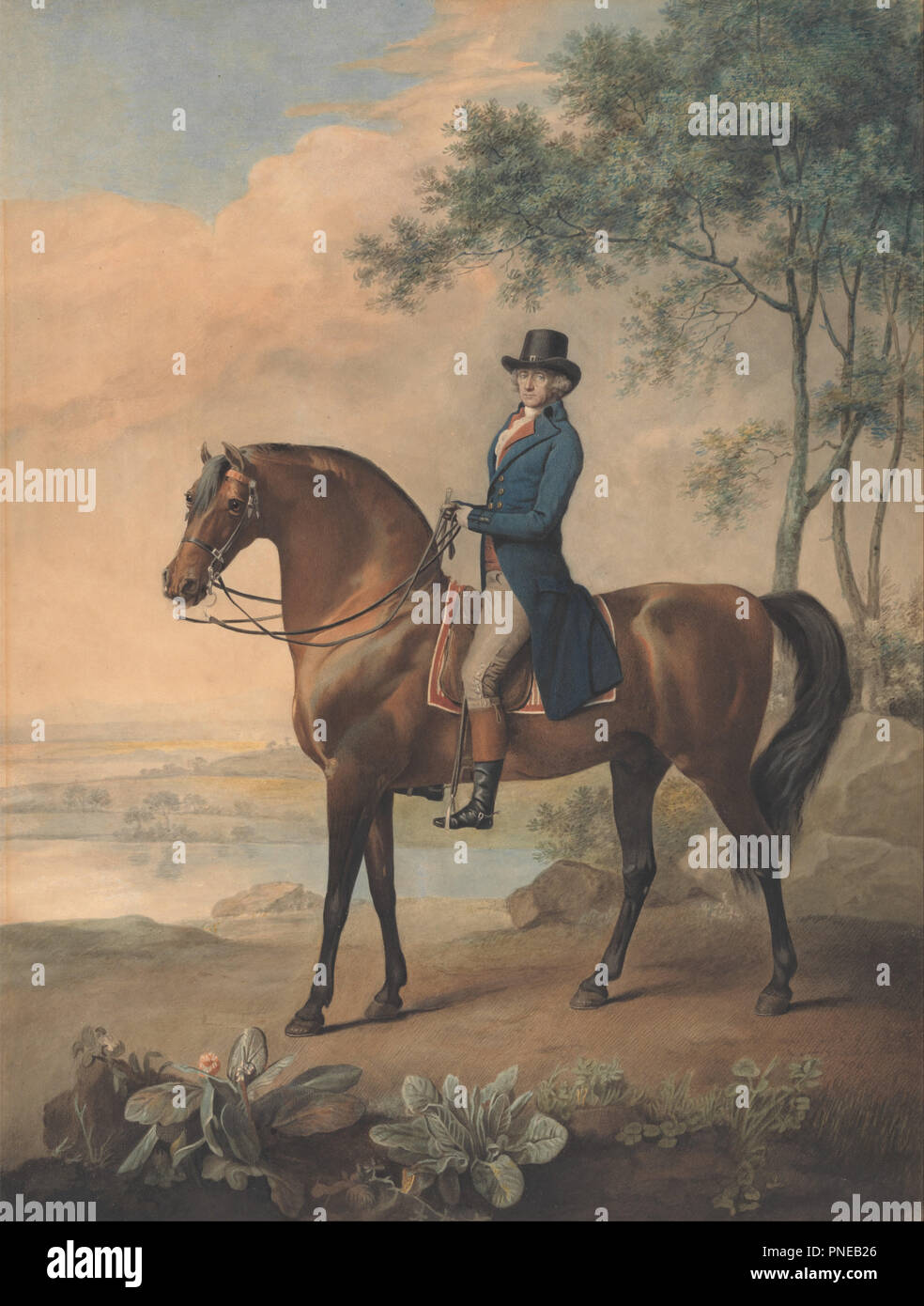 Warren Hastings auf seinem arabischen Pferd. Datum/Zeit: Ca. 1796. Zeichnung. Graphit und Aquarell; umfangreiche Retusche von Design auf mäßig dick, leicht strukturierte, Creme webte Papier; zuvor alle auf Leinwand und Holz Sieb mit Schwarz und Gold Restwert Akkretionsscheibe um die Kanten von eglomise Glas montiert. Höhe: 549 mm (21.61 in); Breite: 416 mm (2.54 in). Autor: George Townly Stubbs. Stockfoto
