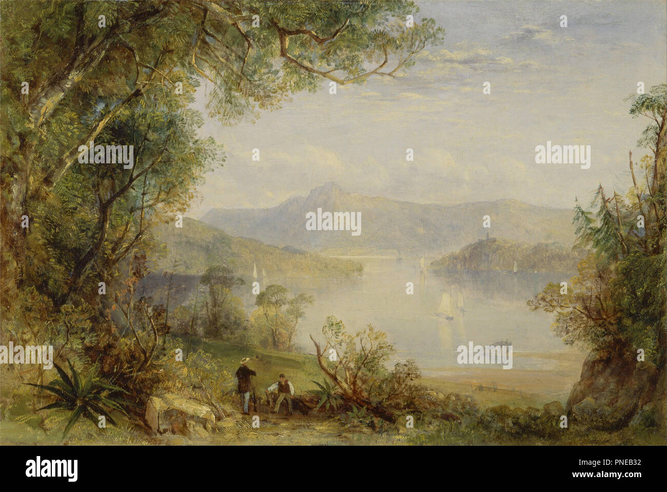 Blick auf den Hudson River. Datum/Zeit: Ca. 1843. Malerei. Öl auf Mahagoni. Höhe: 203 mm (7,99 in); Breite: 305 mm (12 in). Autor: Thomas Creswick. Stockfoto