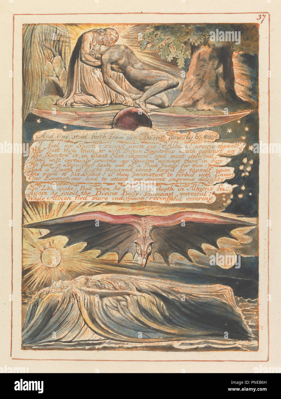 Jerusalem, Platte 37, "Und eine Stand her....". Datum/Zeitraum: 1804 bis 1820. Drucken. Orange drucken, Feder, Tusche und Aquarell auf cremefarbenem Papier (Relief ätzen in Orange mit Feder und schwarzer Tusche und Aquarell gedruckt auf mäßig dick, glatt, Creme webte Papier). Höhe: 226 mm (8,89 in); Breite: 162 mm (6,37 in). Autor: William Blake. Stockfoto