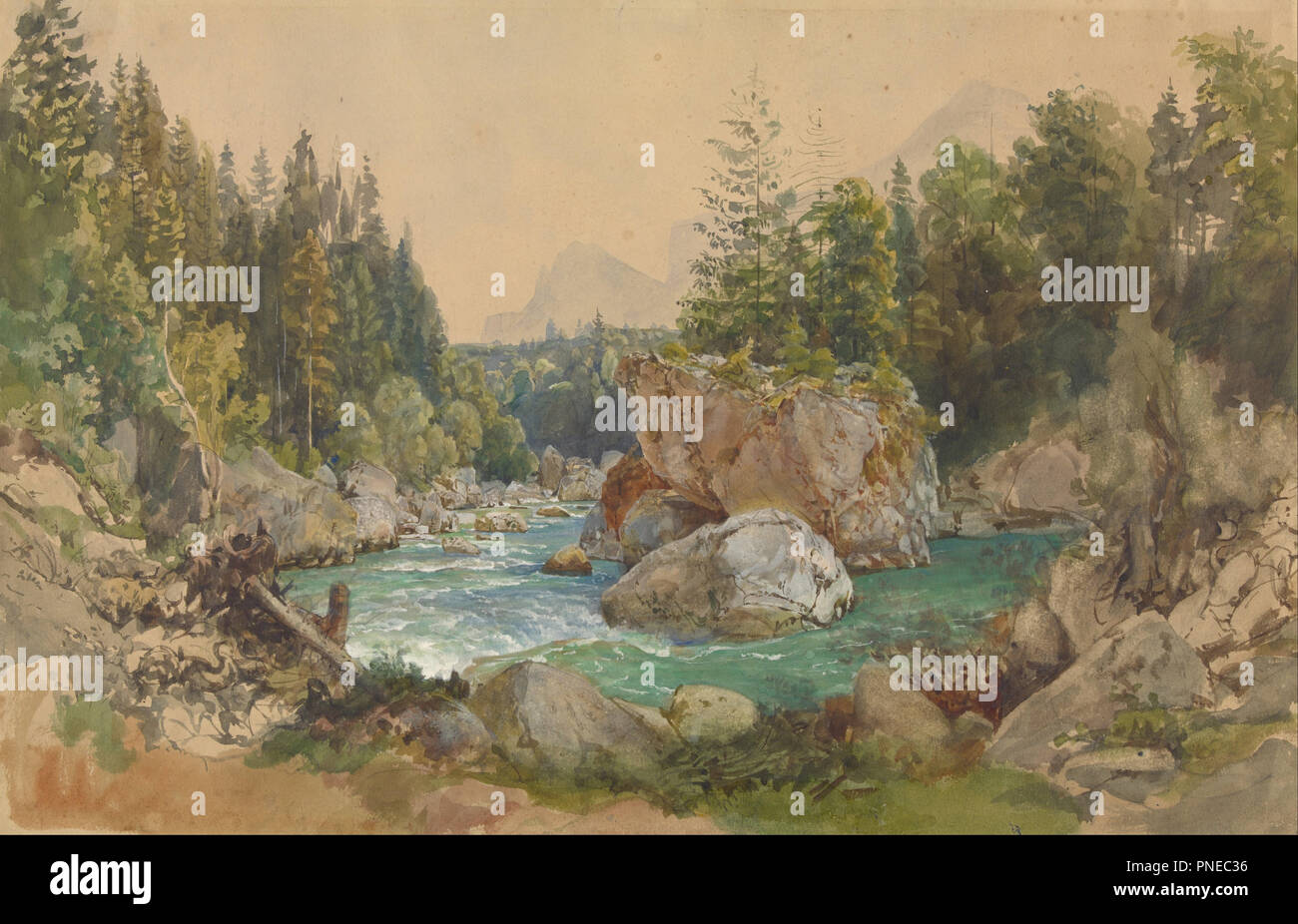 Bewaldete Landschaft in den Alpen. Datum/Zeitraum: Zwischen 1850 und 1870. Zeichnung. Aquarell, Gouache und Graphit. Höhe: 12,1 Zoll (30,9 cm), Breite: 18,8 (47,7 cm). Autor: Thomas Ender. Stockfoto