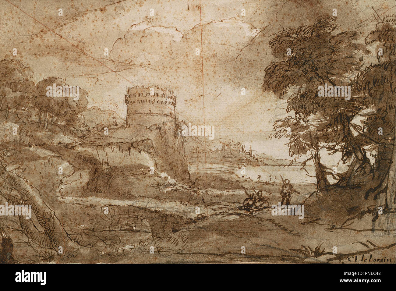 Landschaft mit runder Turm und die Bucht. Datum/Zeitraum: 1635/1640. Breite: 218 mm. Höhe: 150 mm (komplett). Autor: Claude Lorrain. Stockfoto