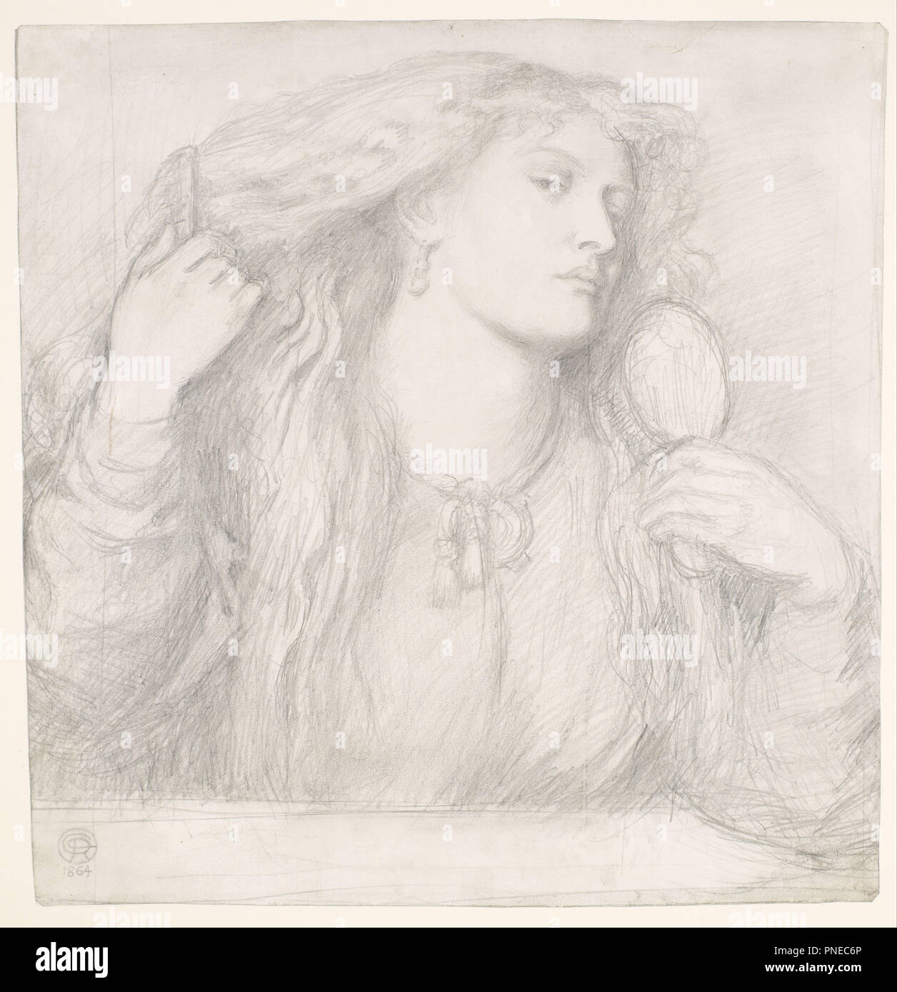 Frau ihre Haare kämmen, Fanny Cornforth. Datum/Zeitraum: 1864. Bleistift auf Papier. Breite: 373 mm. Höhe: 385 mm. Autor: Dante Gabriel Rossetti. Stockfoto