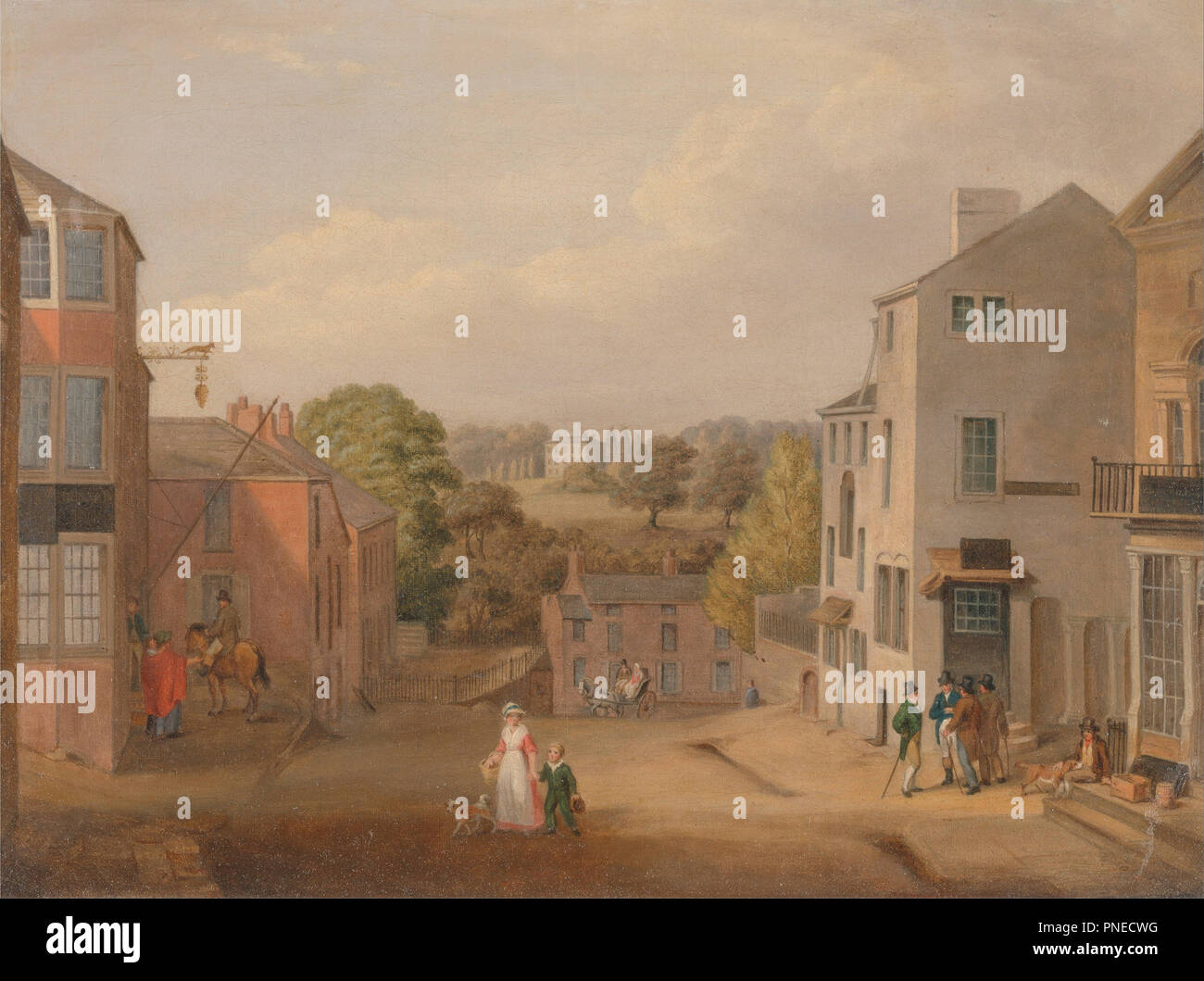 Straßenszene in Chorley, Lancashire, mit Blick auf Chorley Halle. Datum/Zeit: Ca. 1795. Malerei. Öl auf Leinwand. Höhe: 292 mm (11.49 in); Breite: 394 mm (15,51 in). Autor: John Bird von Liverpool. Stockfoto