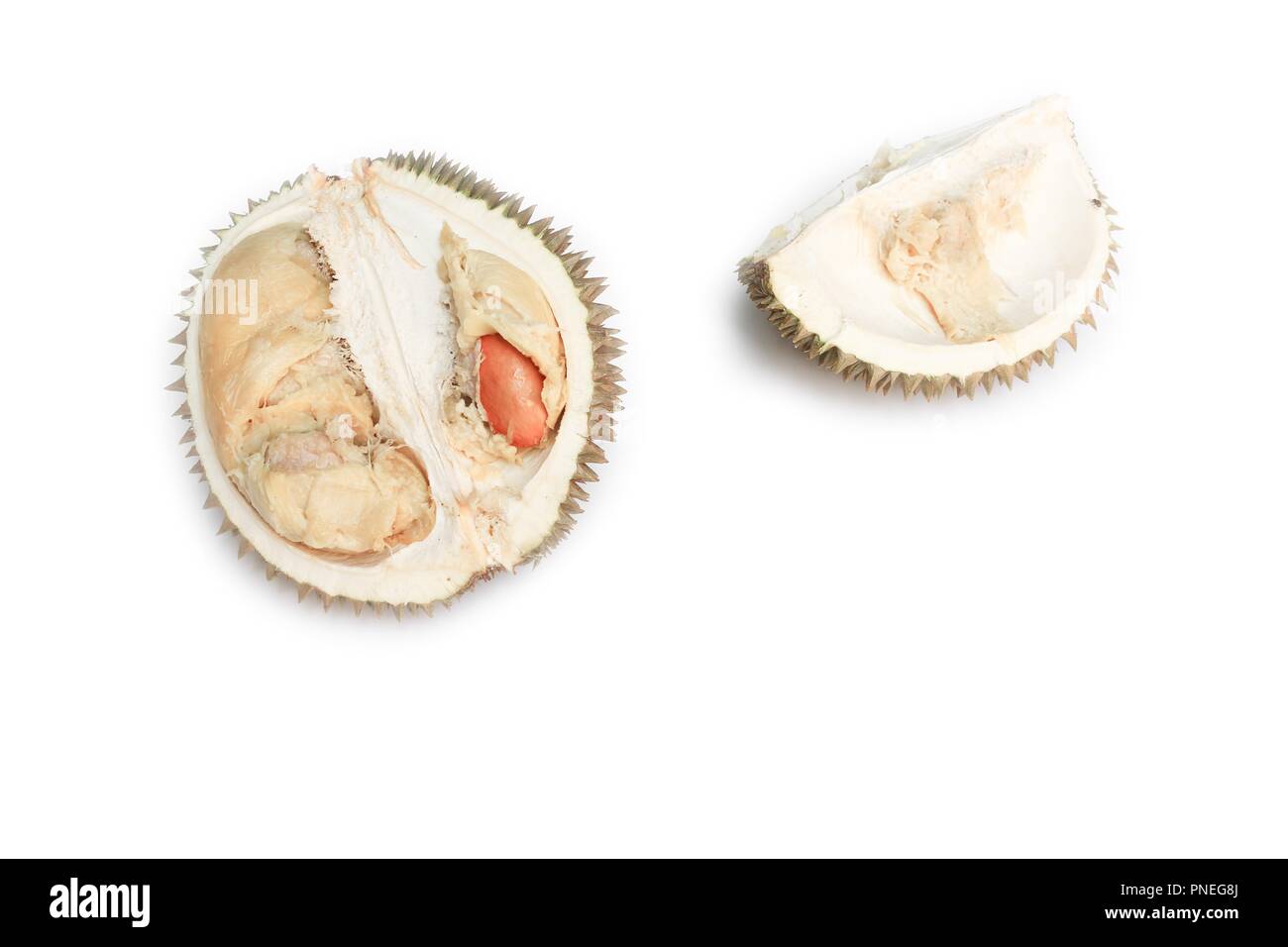 Durian reife, gelbe Fleisch tropische Früchte auf weißem Hintergrund Stockfoto