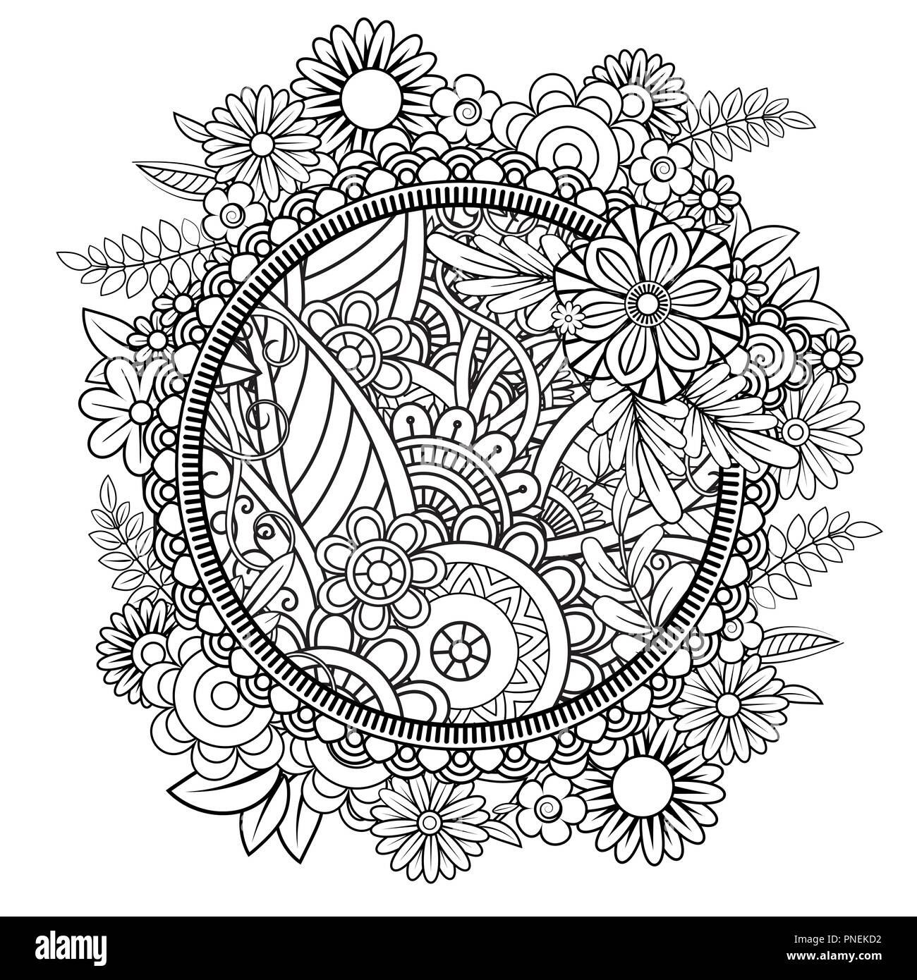 Nach Färbung mit Blumen Muster. Schwarze und weiße doodle Kranz. Florale Mandala. Blumenstrauß line Art Vector Illustration auf weißem Hintergrund. Rundes Design Element Stock Vektor