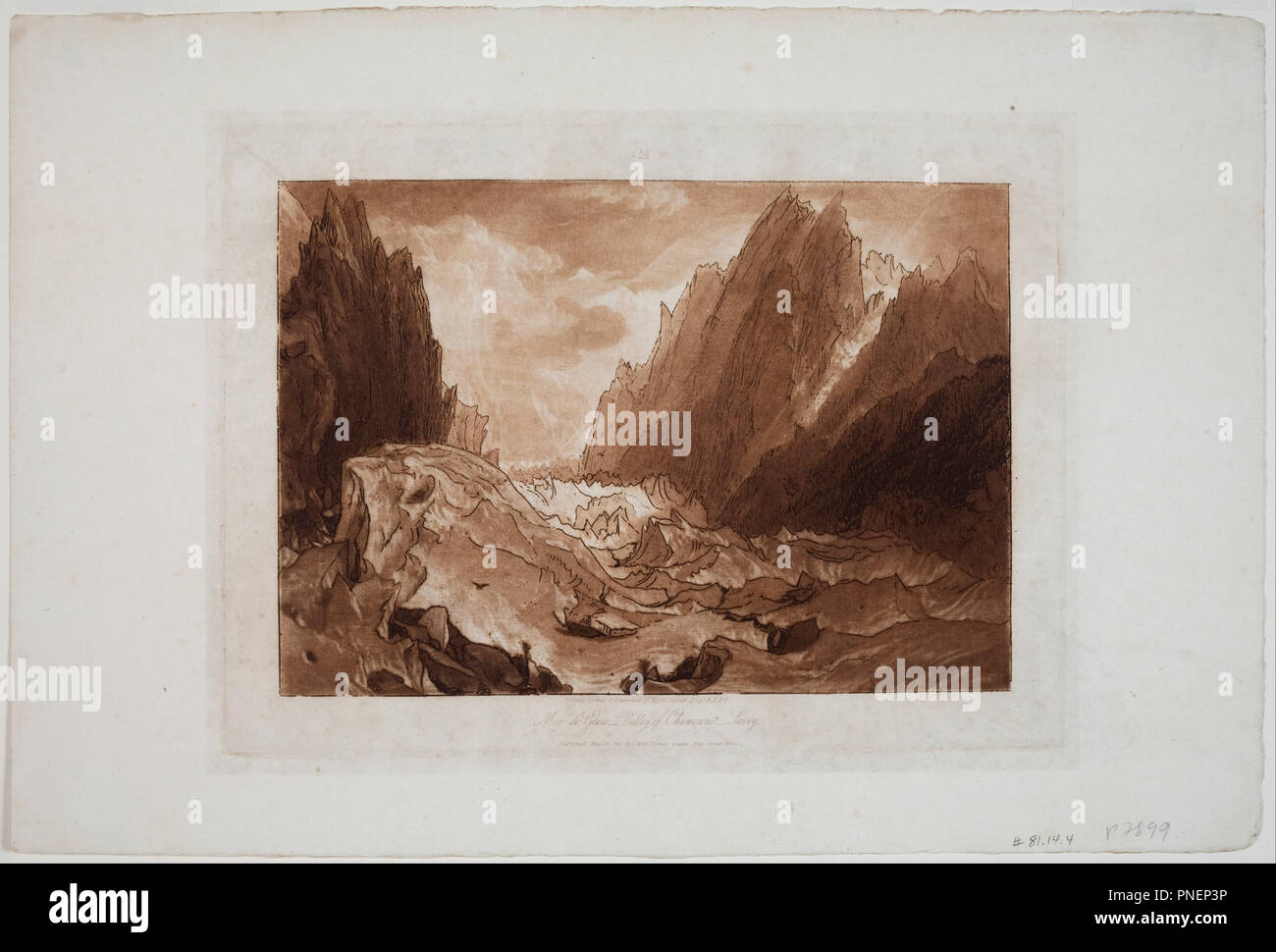 Mer de Glace - Tal von Chamonix - Savoyen, aus dem Liber Studiorum". Datum/Zeitraum: 1812. Drucken. Schabkunst und Ätzen in Sepia-Farben. Höhe: 216 mm (8,50 in); Breite: 293 mm (11,53 in). Autor: J. M. W. Turner. TURNER, Joseph Mallord William. Stockfoto