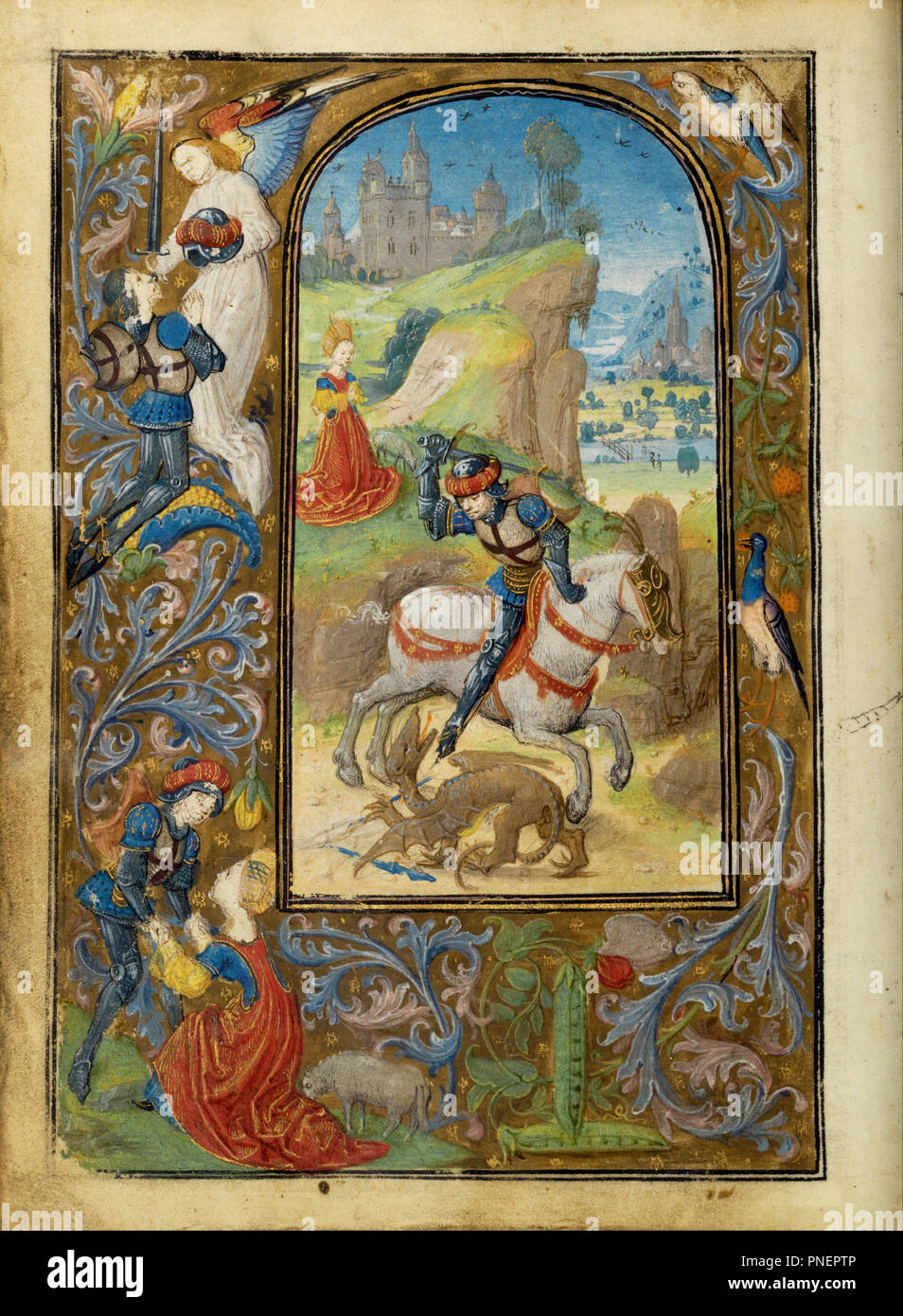 St. Georg und der Drache. Datum/Zeit: Ca. 1471. Folio. Tempera Farben, Blattgold, gold Lack Silber Lack, und Tusche auf Pergament. Höhe: 124 mm (4,88 in); Breite: 92 mm (3,62 in). Autor: Lieven Van Lathem. Stockfoto