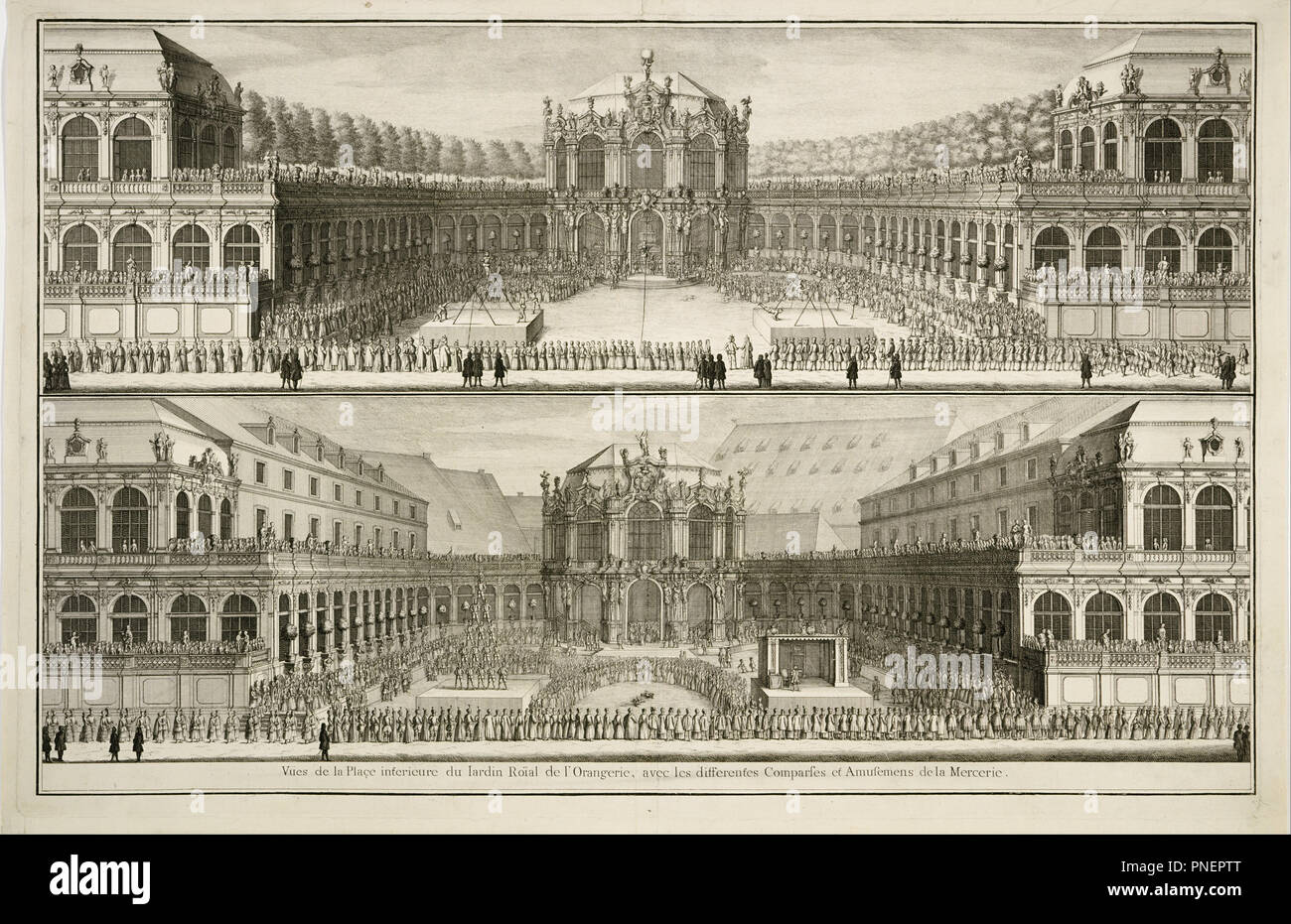 'Vue... du Jardin Roial de l'Orangerie". Datum/Zeitraum: 1683 - 1738. Drucken. Radierung. Höhe: 547 mm (21,53 in); Breite: 845 mm (33.26 in). Autor: Johann August Corvinus / Carl Heinrich Jakob Fehling. Stockfoto