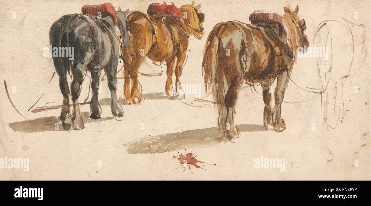 Drei Cart-Horses in Spuren. Tierische kunst Aquarell auf Medium, Sahne, glatte webte Papier. Höhe: 117 mm (4.60 in); Breite: 251 mm (9,88 in). Autor: Peter DeWint zugeschrieben. Stockfoto