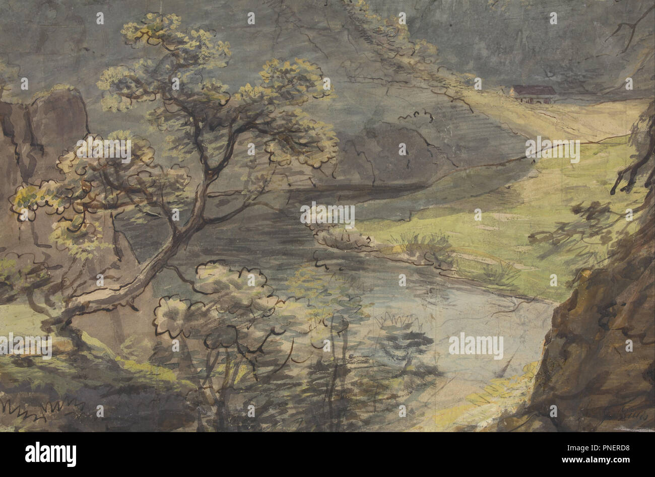 Flusslandschaft. Datum/Zeitraum: 1820. Zeichnung. Aquarell und Gouache über Graphit. Höhe: 293 mm (11,53 in); Breite: 442 mm (17,40 in). Autor: Johann Georg von dillis. Stockfoto
