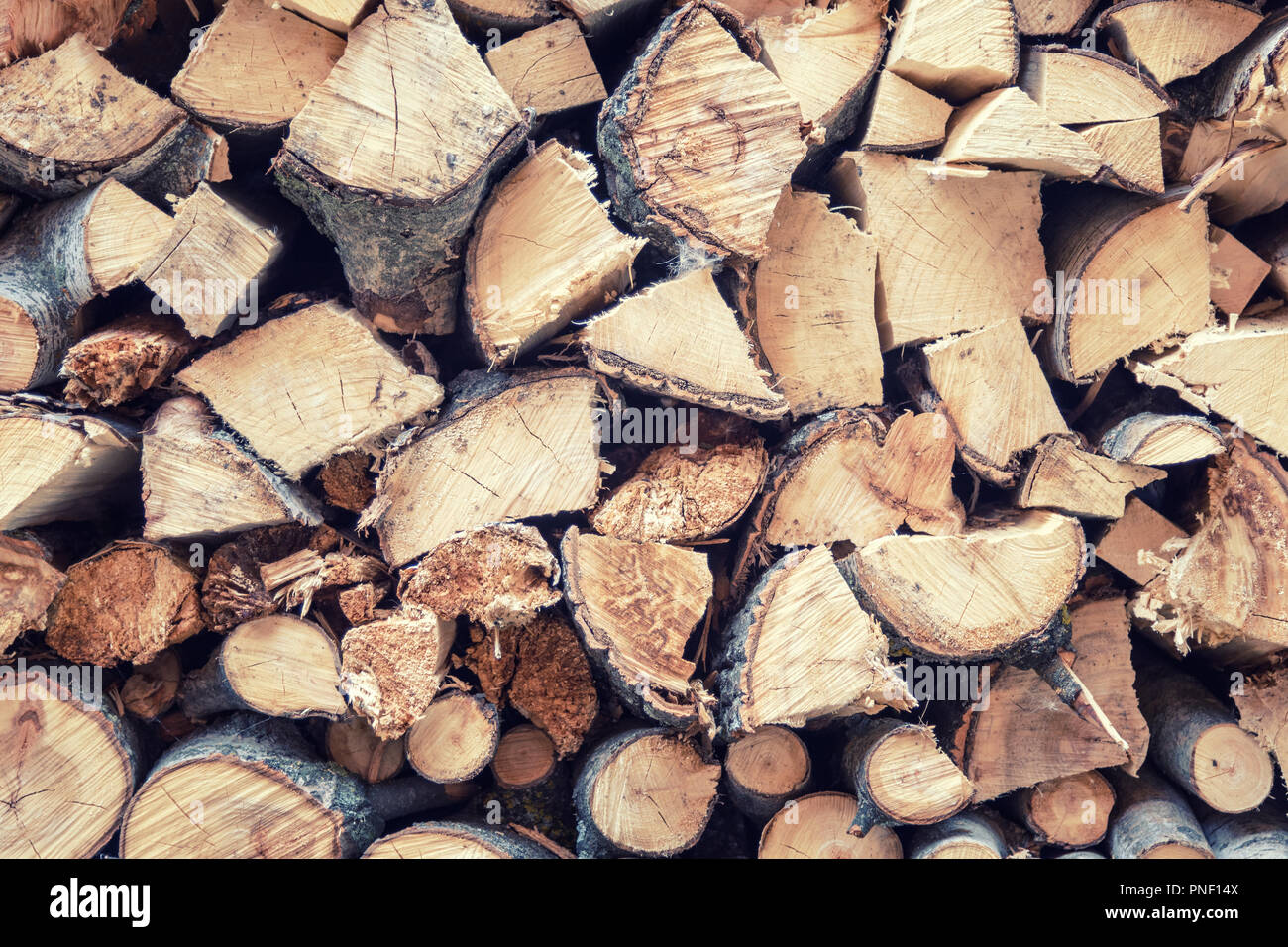 Gestapelt und hackte Brennholz Stapels als natürlichen Hintergrund Stockfoto