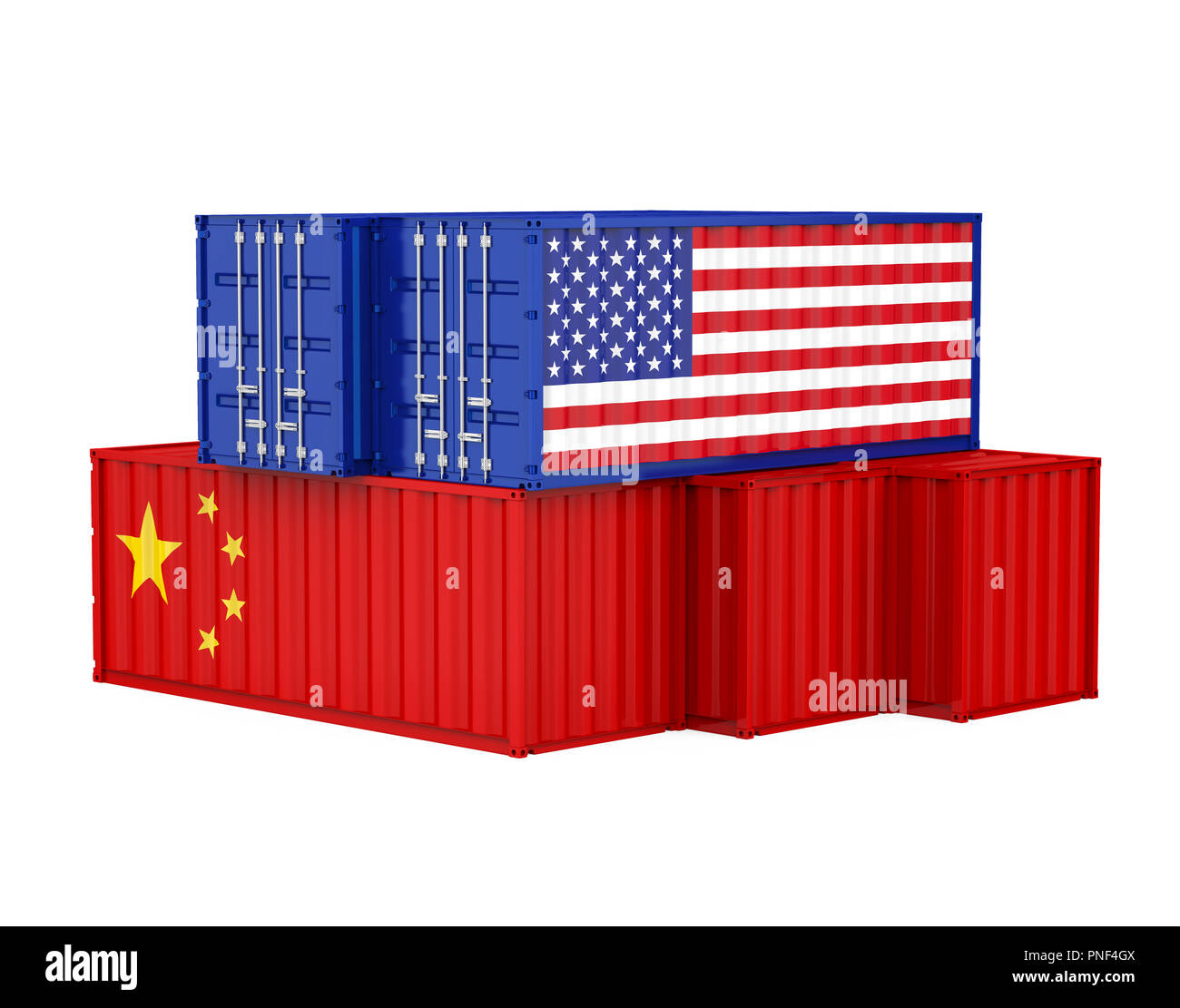 Usa und China Cargo Container isoliert. Handelskrieg Konzept Stockfoto