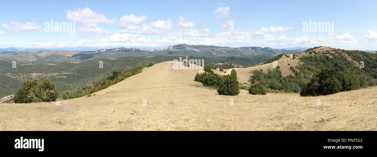 Ein Sommer Landschaft der typische Pre-Pyrenees Berge Puig Monè, mit gelbem Gras und einem blauen bewölkten Himmel in Luesia, einer ländlichen Stadt in Spanien Stockfoto