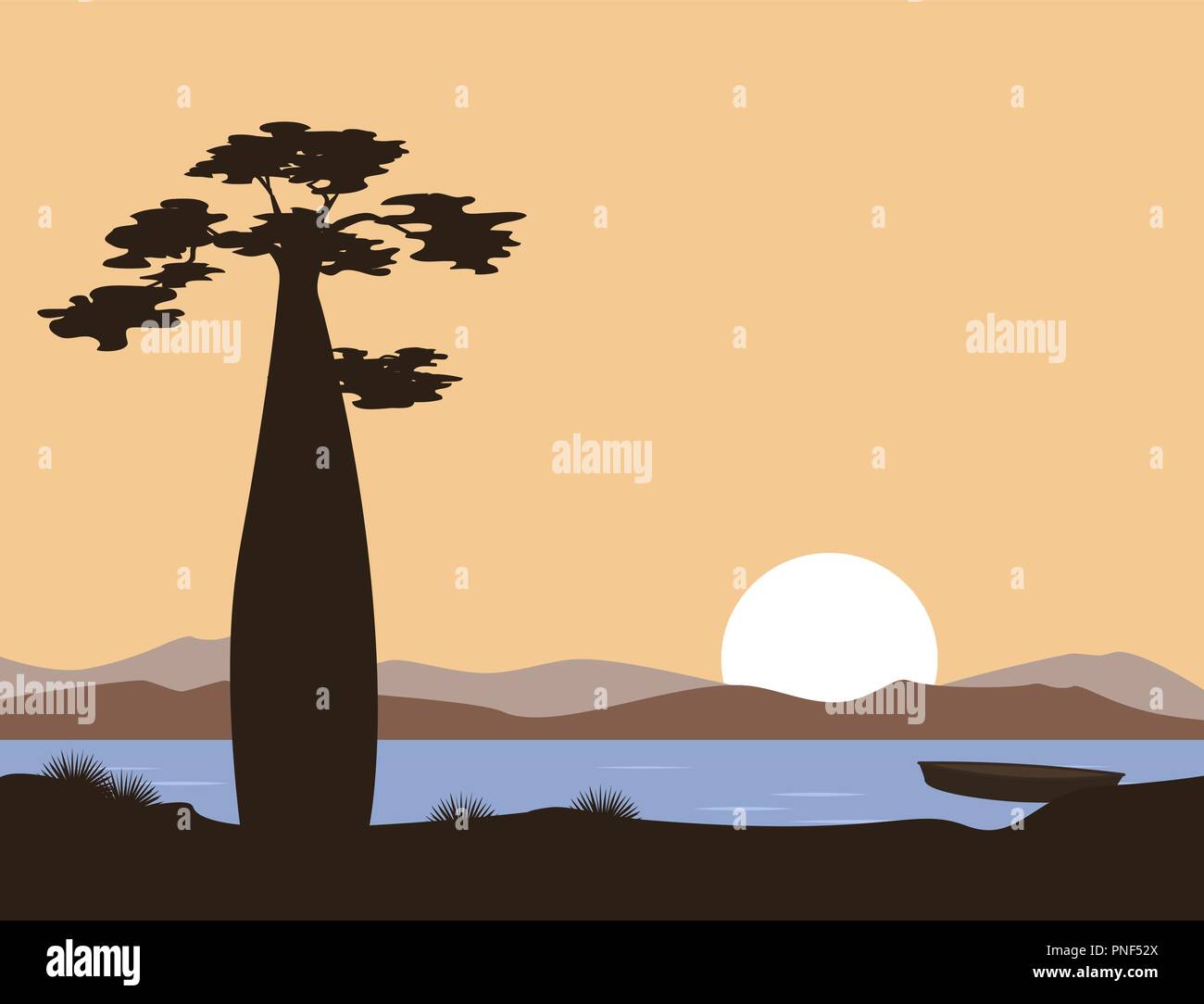 Sonnenuntergang und Sonnenaufgang in Afrika. Baobab Silhouette vor dem See. Vektor Landschaft. Abbildung in Broschüren, Postkarten verwendet werden können, Banner. Stock Vektor
