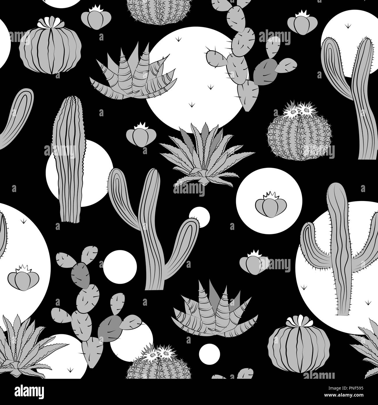 Nahtlose Muster mit Kakteen. Wild cactus Wald mit Doodle kreisen. Eleganten grau, schwarze und weiße Palette. Vector Illustration Stock Vektor