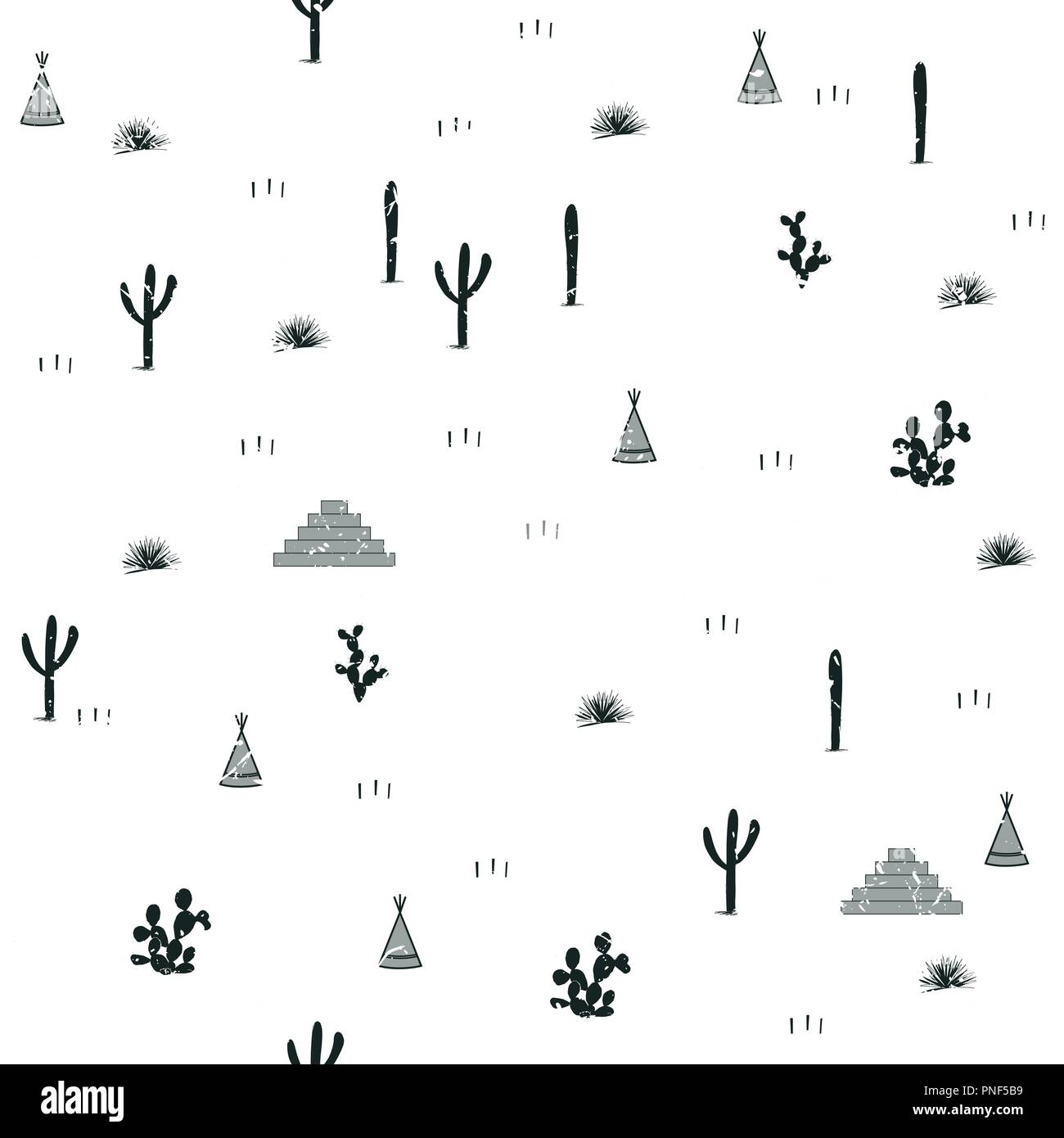 Pyramiden, indische Zelte, Saguaro, Agaven, und Opuntia Kakteen auf weißem Hintergrund. Nettes Design für Textilien, Tapeten, Kinder Industrie. Vektor illustra Stock Vektor