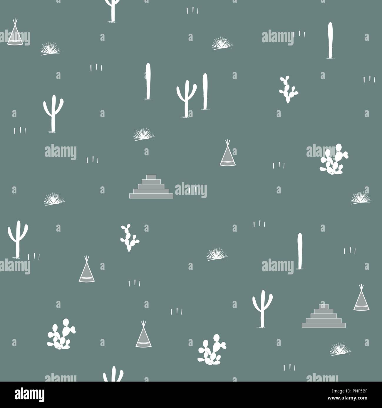 Nahtlose Muster mit indischen Zelte, Pyramiden und Kakteen. Saguaro, Opuntia, und wigwames. Vector Illustration. Einfaches Design für die Textil-, Bekleidungs-, Wand Stock Vektor