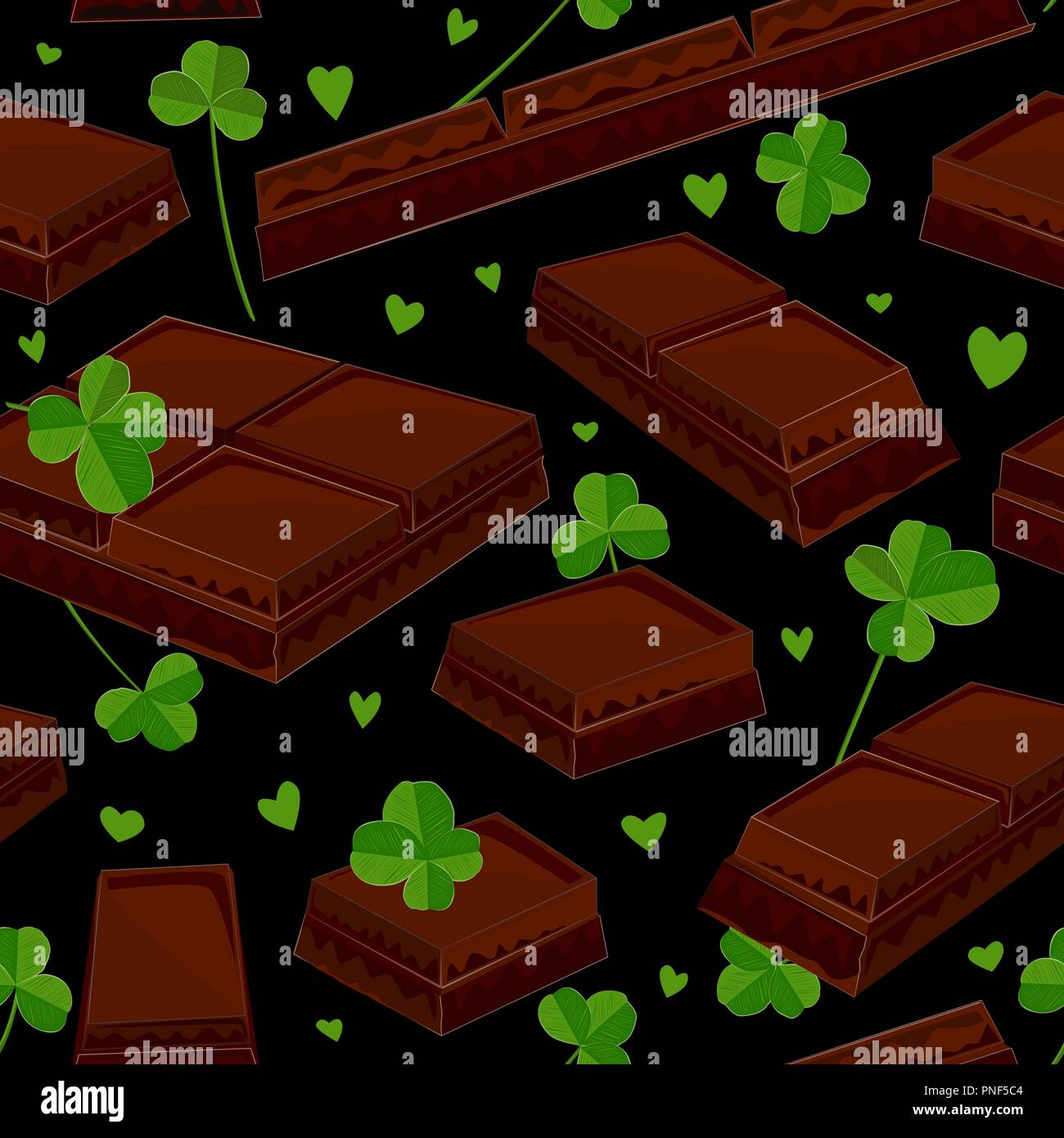 Stilvolle seamless St. Patrick's Day Hintergrund mit Klee Blätter und Schokoriegel. Vector Illustration Stock Vektor