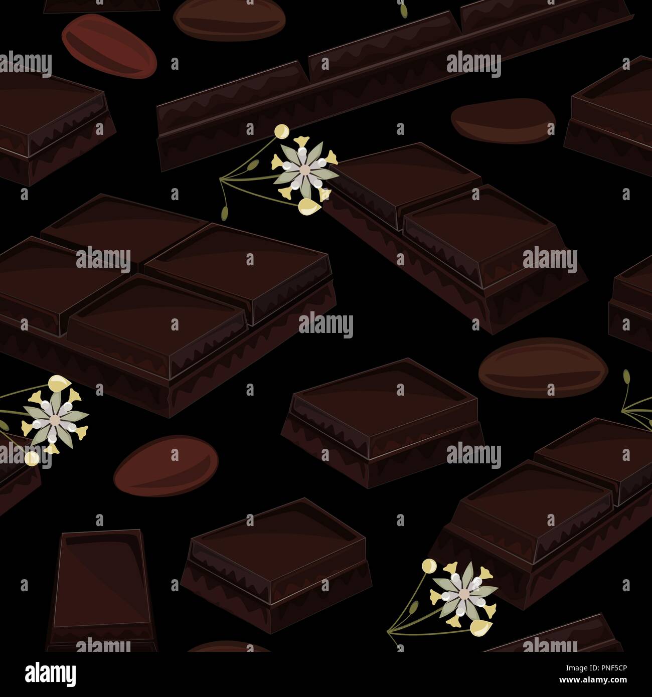 Elegante nahtlose Hintergrund mit schwarzer Schokolade, Kakao, Blumen, und Kakaobohnen. Vector Illustration Stock Vektor