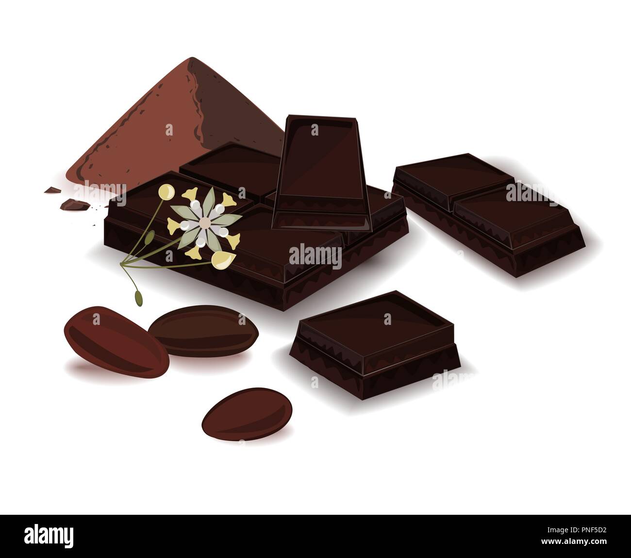 Vector Illustration, Banner mit Kakao, Schokolade, Kakao, und Kakao Baum Blume. Drucken, Vorlage, Design Element für Verpackung und Ad Stock Vektor