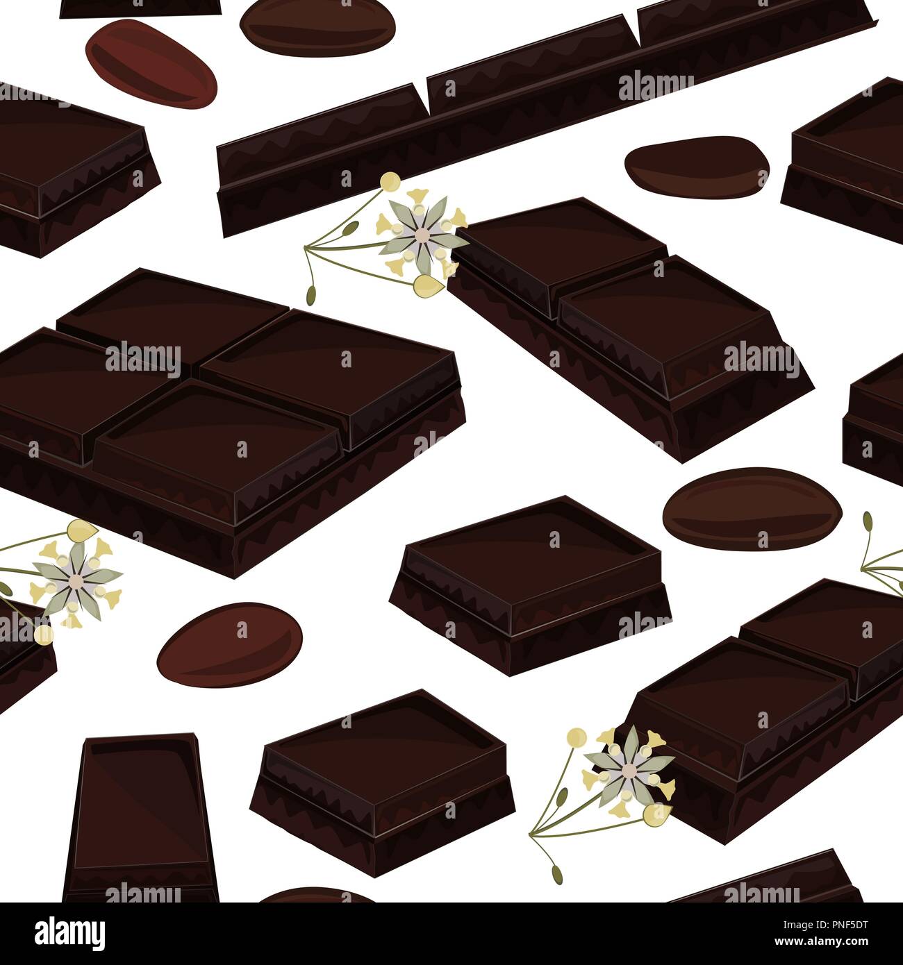 Elegante nahtlose Hintergrund mit schwarzer Schokolade, Kakao, Blumen, und Kakaobohnen. Vector Illustration Stock Vektor