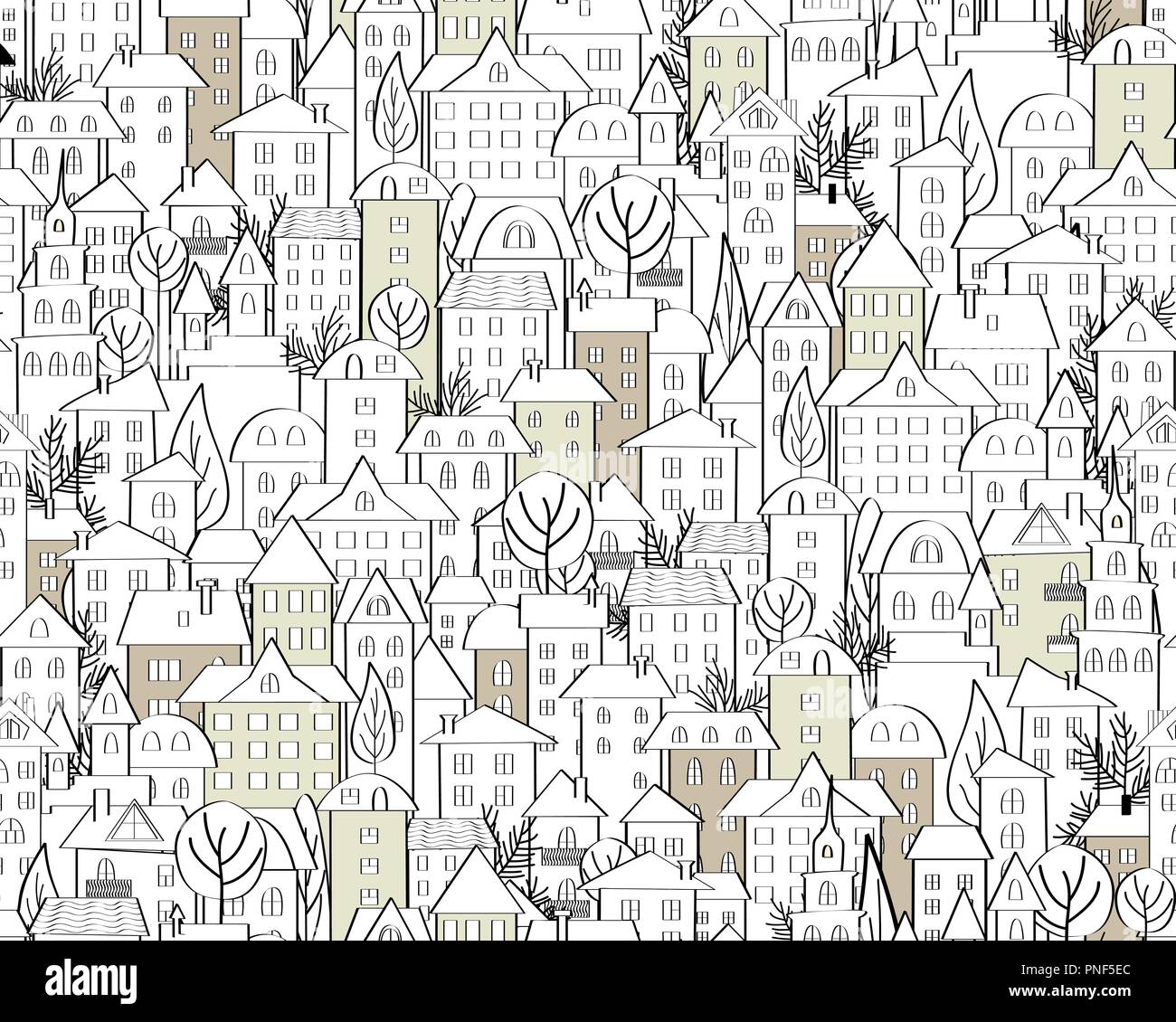 Muster mit Hand gezeichnet doodle Häuser. Abbildung mit niedlichen Stadt Dächer und Bäume. Strichzeichnung. Nahtlose Hintergrund in Schwarz und Weiß. Vektor Stock Vektor