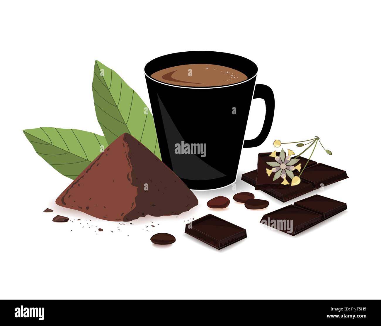 Banner mit Kakao trinken, Kakao, Schokolade, Kakao, und Kakao Baum Blume. Drucken, Vorlage, Design Element für Verpackung und advertisin Stock Vektor