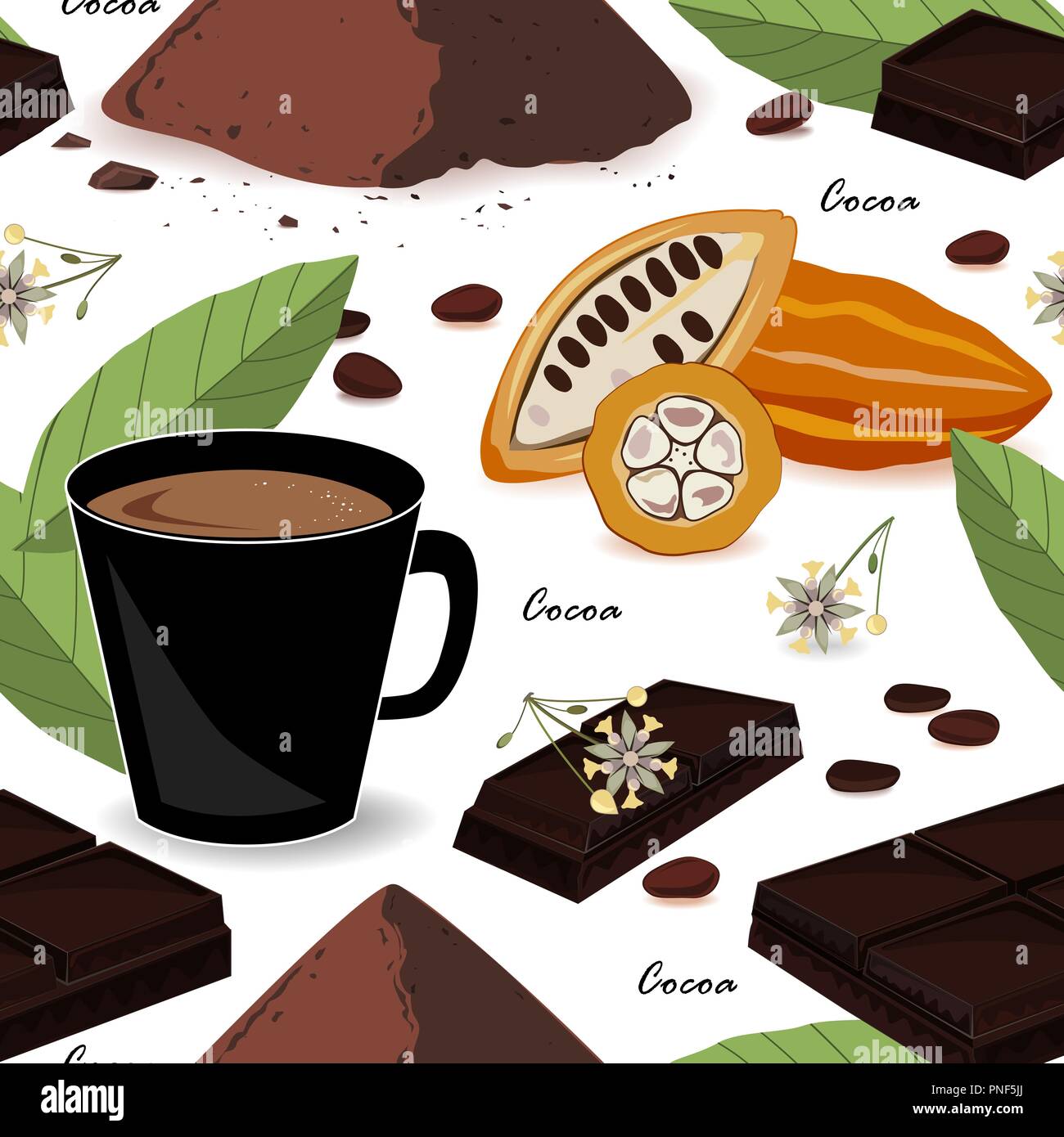 Niedlich und stilvolle Kakao nahtlose Muster. Kakaobohnen und Blätter, Schokolade, Kakao trinken und Pulver. Vektor essen Abbildung Stock Vektor