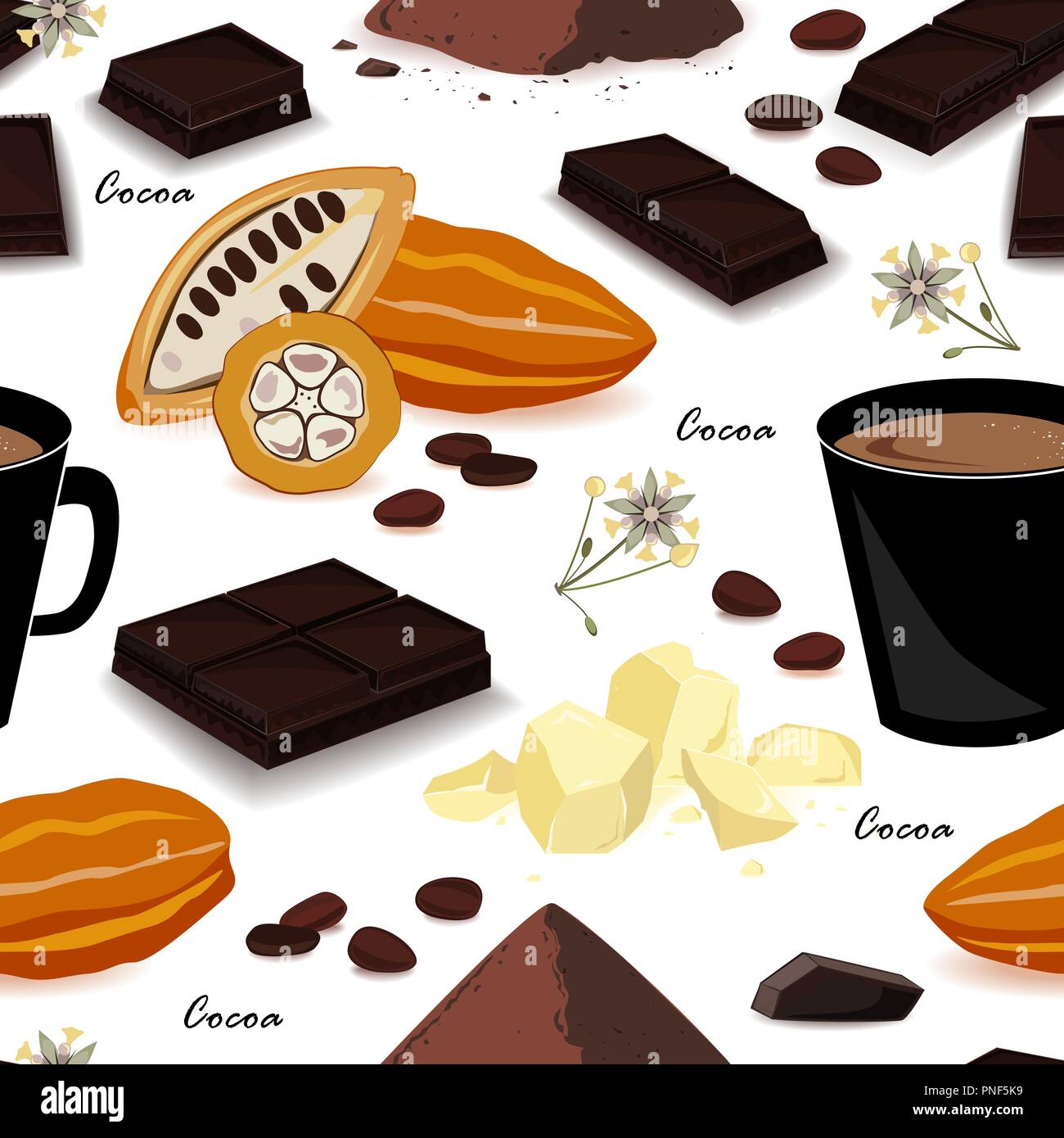 Niedlich und stilvolle Kakao nahtlose Muster. Pod, Bohnen, Kakaobutter, Kakaomasse, Schokolade, Kakao trinken und Pulver. Vector Illustration Stock Vektor