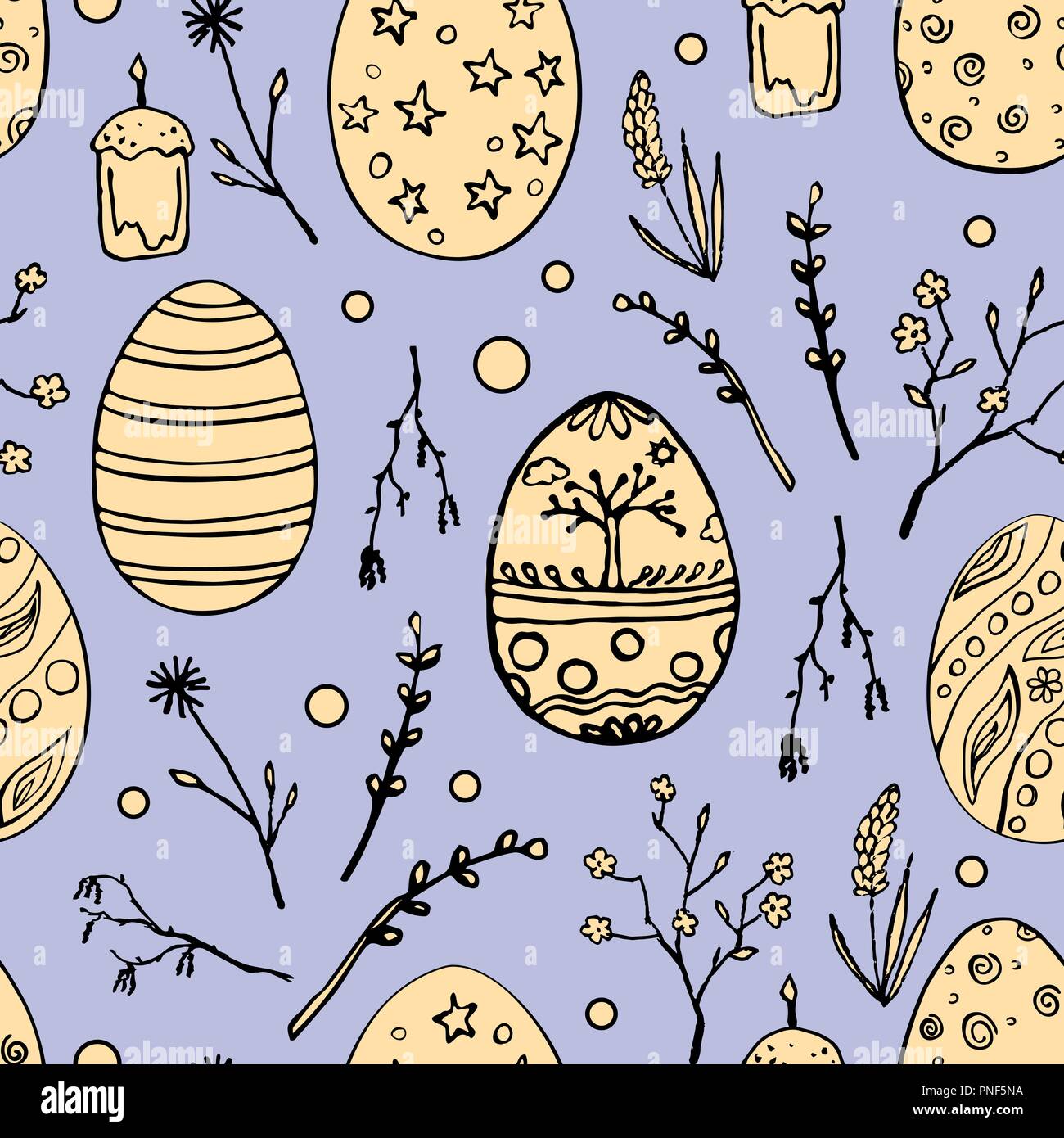 Nahtlose Ostern Muster mit Doodle Zierpflanzen Eier und floralen Motiven. Jahrgang Frühling Urlaub Hintergrund. Hand Vector Illustration gezeichnet Stock Vektor