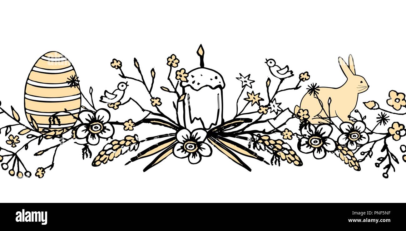 Grußkarte zu Ostern mit Blumen Kranz mit Ei, Vogel, Ostern Kuchen und Brunches. Vintage Hintergrund dargestellt. Vektor nahtlose Muster Stock Vektor