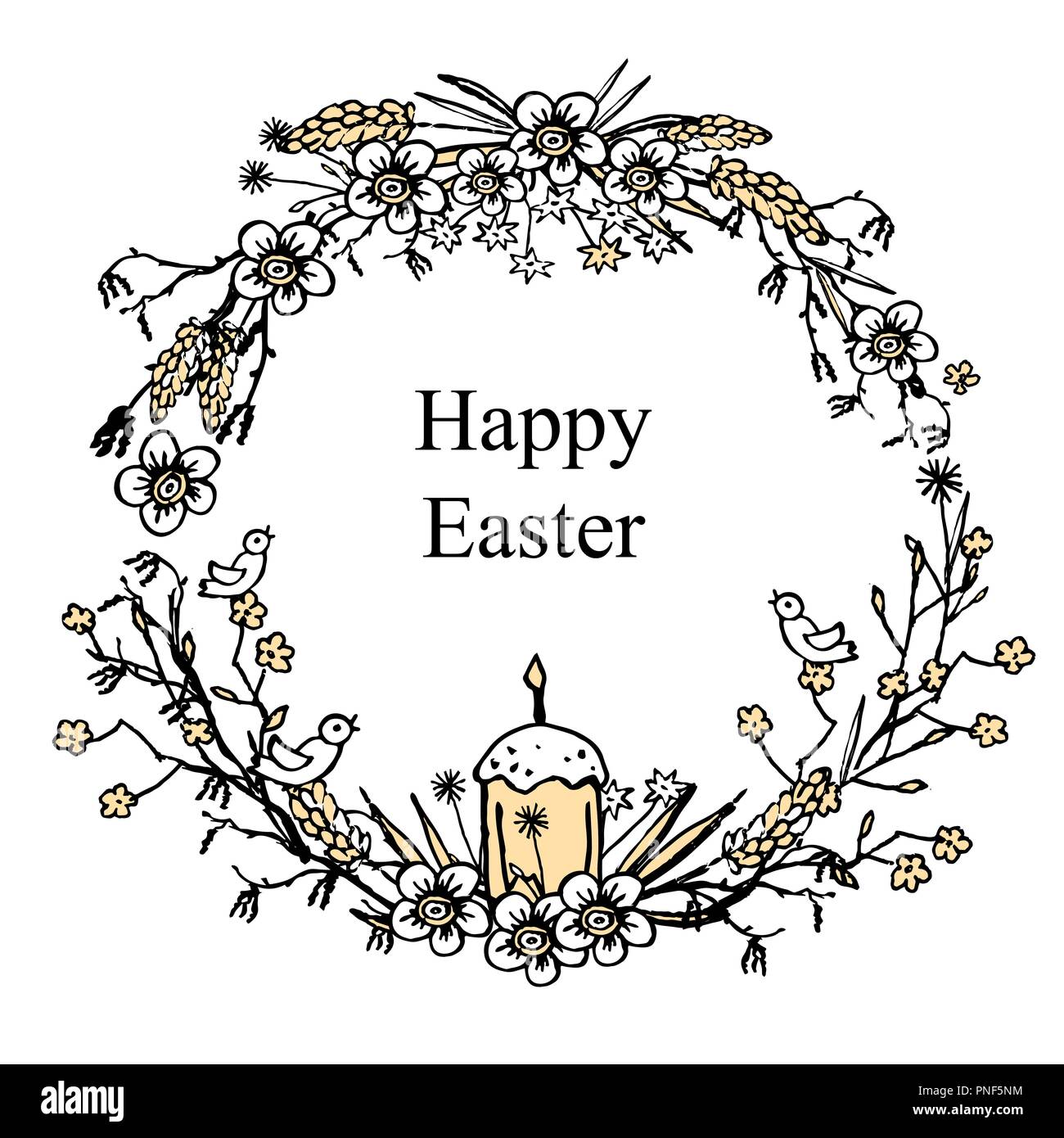 Grußkarte zu Ostern mit Blumen Kranz mit Ei, Ostern Kuchen, flolwers und Brunches. Vintage Hintergrund dargestellt. Vector Illustration. Stock Vektor