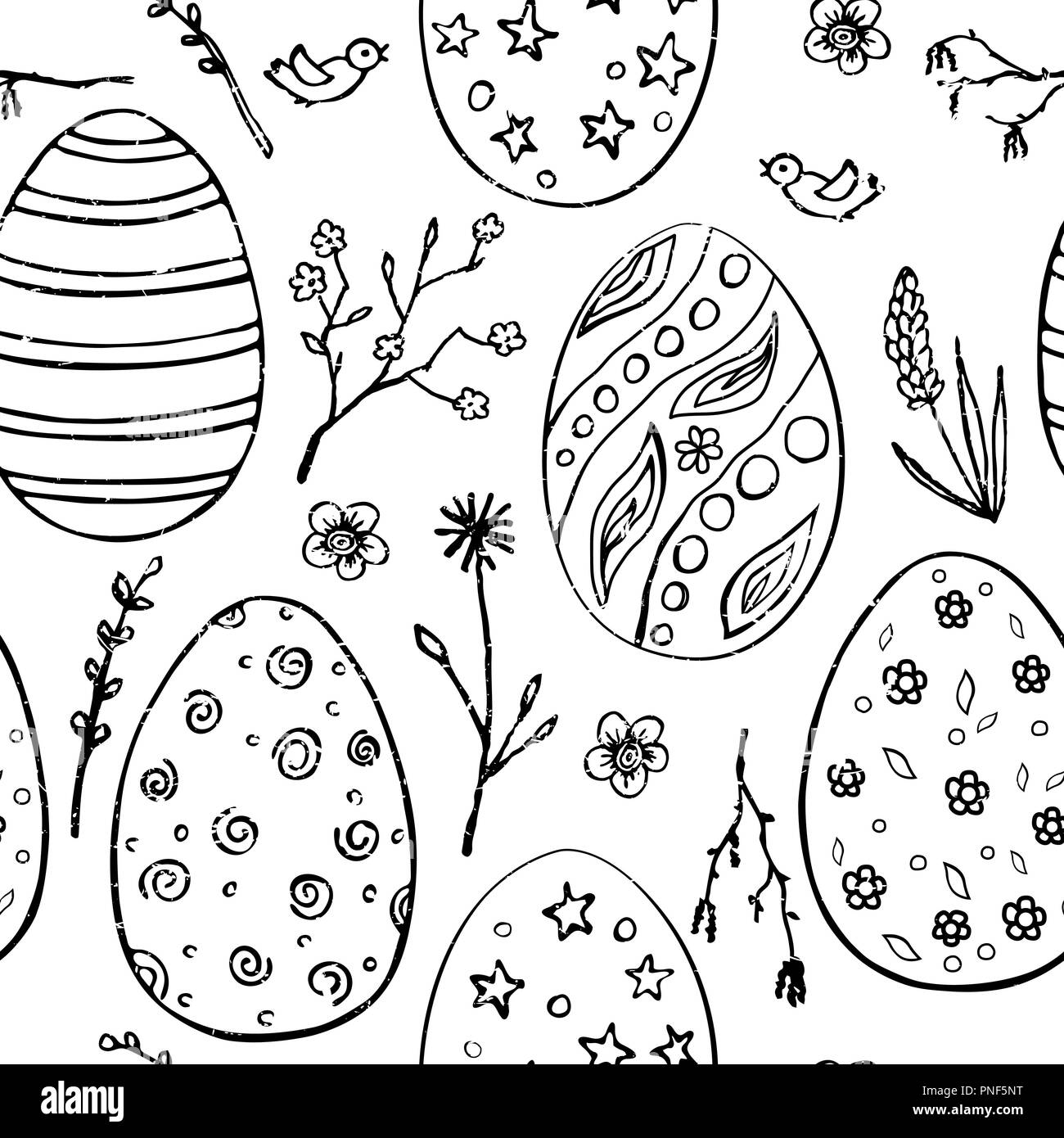 Nahtlose Ostern Muster mit Doodle Zierpflanzen Eier und floralen Motiven. Jahrgang Frühling Urlaub Hintergrund. Schwarz und Weiß Skizze. Eier, Blume und Bra Stock Vektor