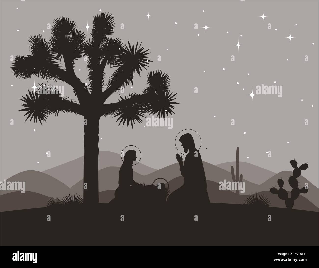 Ungewöhnliche Krippe mit Joshua Tree. Heilige Familie und die Berge. Vector Illustration, Mary, Jesus, und Joseph Silhouetten Stock Vektor