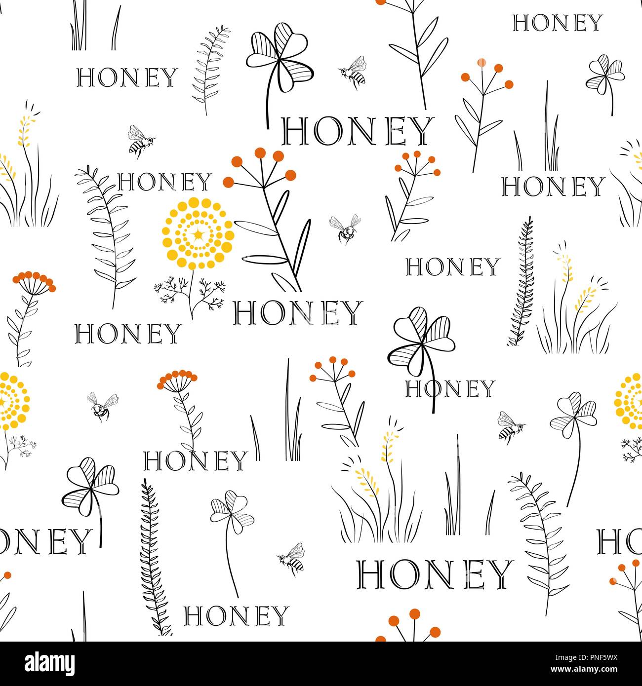 Die nahtlose Vektor Muster mit Bienen und Blumen. Vintage Grafik doodle Design gezeichnet. Skizze Muster für den Druck auf Stoff. Vector Illustration. Endl Stock Vektor