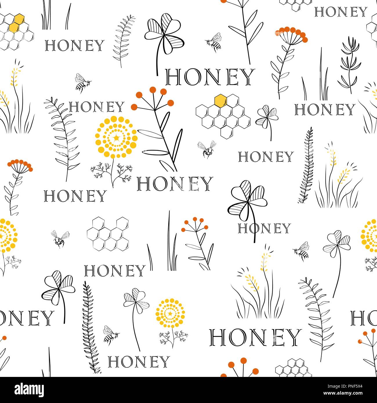 Die nahtlose Vektor Muster mit Bienen, Waben und Blumen. Hand, lineare Grafik doodle Design gezeichnet. Skizze Muster für den Druck auf Stoff. Vector Illustration Stock Vektor