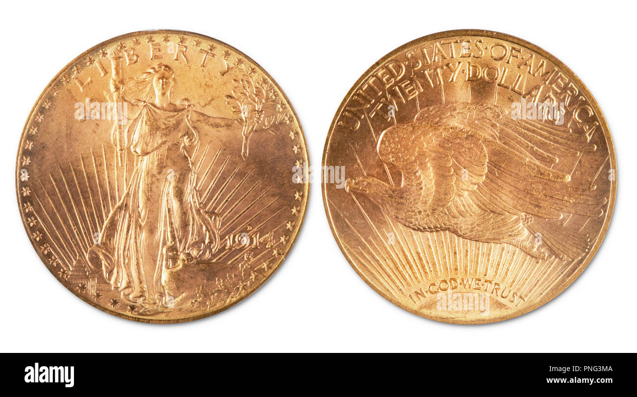 Antike zwanzig Dollar Double Eagle Gold Medaille. Vom 1914 und zeigt die Vorder- und Rückseite der Münze. Stockfoto