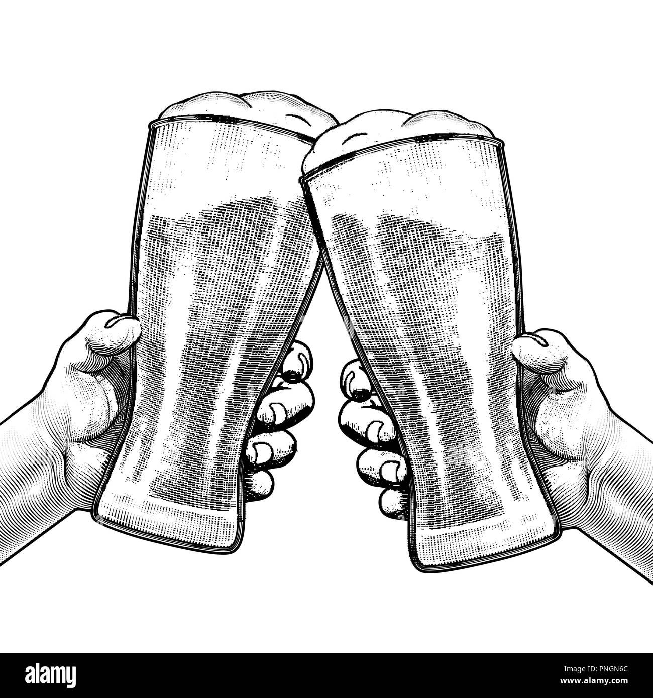 Hände halten Biergläser und jubeln mit jedem anderen in graviert Stil Stock Vektor