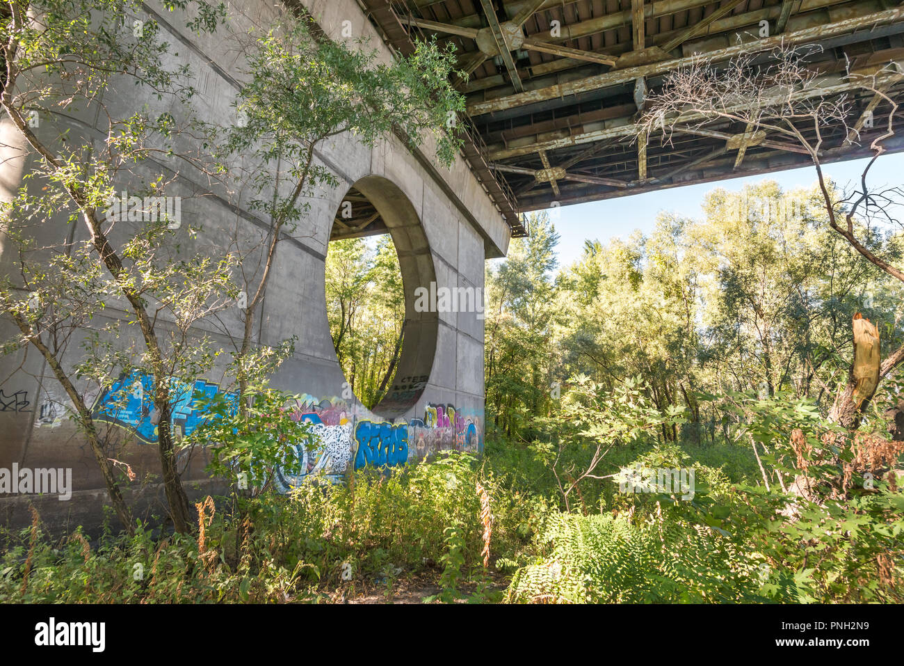 Kiew, Ukraine - Oktober 1, 2015 - Unter der Brücke Moscovsky in Kiew, Ukraine. Die Metallstruktur ist vom Rost angegriffen. Grafitti sind auf Th lackiert Stockfoto